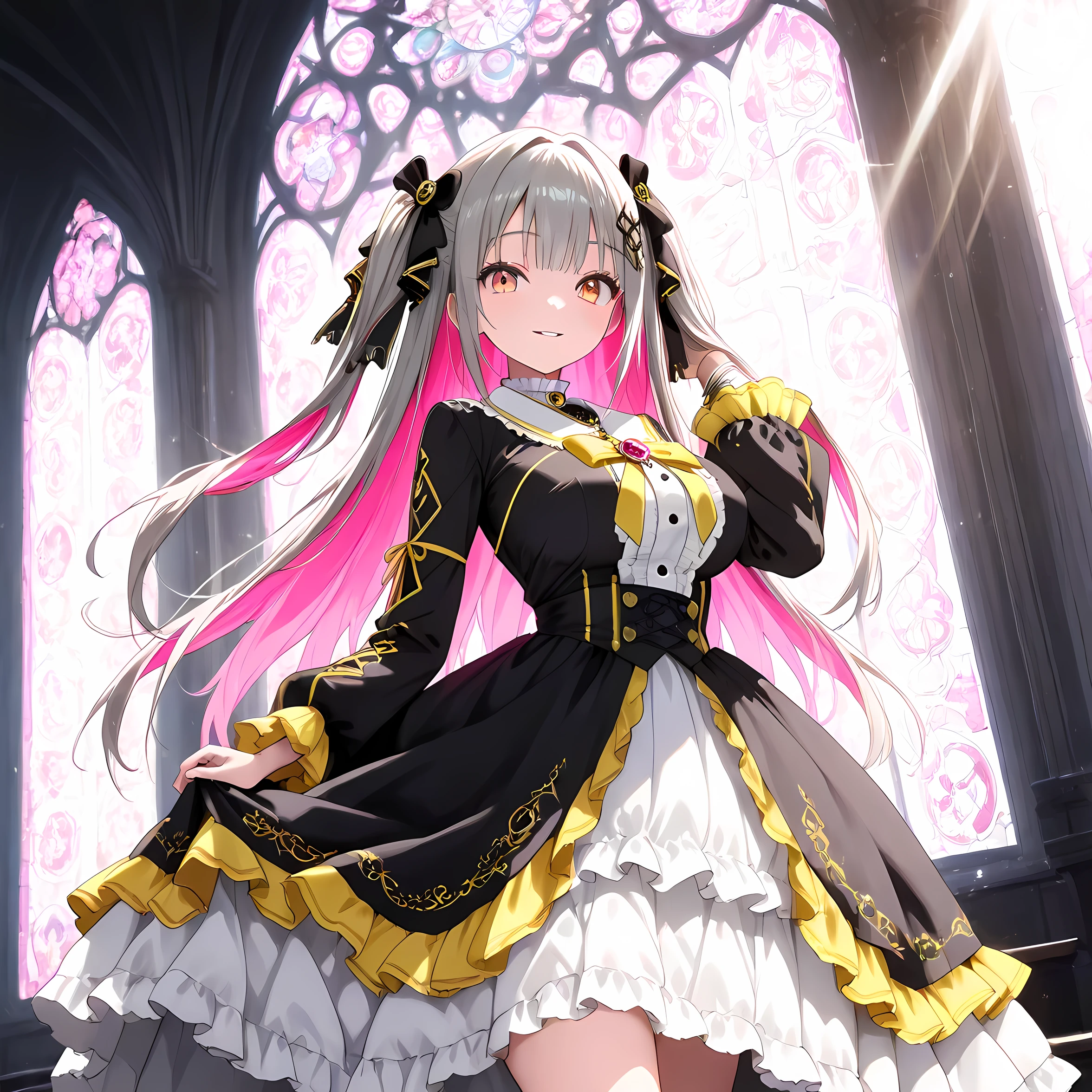 The Great Hall has a very high ceiling and round and tall stained glass windows., AIU, (Super detailed Backgrounds), (The frills were layered on top of each other), (hand in own hair), (smile parted lips), (looking at viewer), (sunbeam), ((light sparkles)), (Full wide shot), dutch angle, masterpiece, best quality, very aesthetic, absurdres:1.5, ,8k, (Complete anatomy:1.2), (cute eyes), {{magenta eyes:1.8}}, (eyelashes), (two side up hair style:1.0), (Hair Accessories), (straight hair), White skirt, Black Gothic ta Dress, (High-Low Hem Dress), (Open bottom gown), (Yellow trim:1.2), White collar, Like a school uniform, Detailed clothing, necklace, Silky Skin, large breasts, (Cute girl), solo, (magenta inner hair:1.5 Sheer Pink:1.2), Grey hair, {magenta inner hair:1.5 Sheer Pink:1.2},
