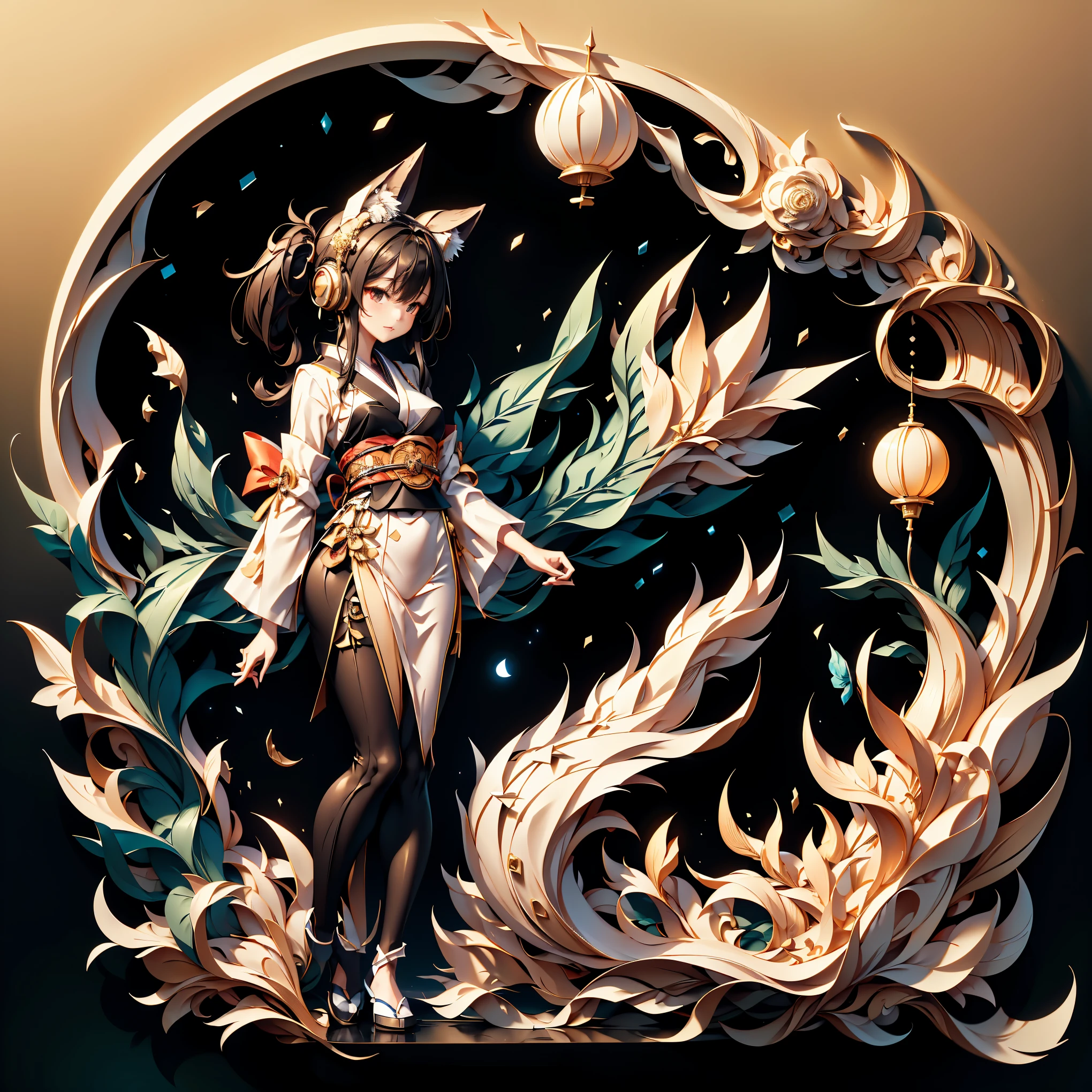 8k, best quality , highest resolution, anatomically correct , paper art、Origami、 announcer woman who reached the stage、 Beige Kimono 、 standing on stage 、 headphones、Super long black hair 、 Japanese、 black long tights