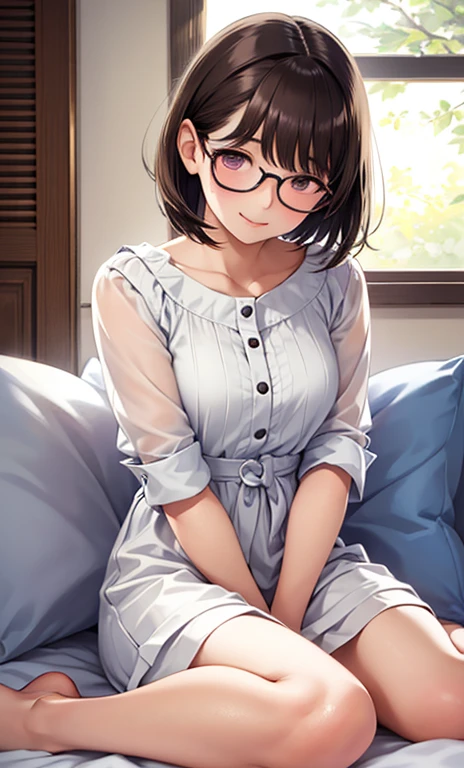 anegasaki nene、 shiny maroon hair, short hair while on a business trip, ( brown pretty eyes 、 sparkling eyes , Fine grain)、smile、 super detailed eyes、 highly detailed face, Highly detailed eyes, ( realistic, photo realistic:1.4), (Masterpiece:1.2, best quality ), 1 girl, cowboy shot、
best quality 、 high resolution、( HD:1.2)、masterpiece、 detailed background 、 details、( detailed color:1.2)、 detailed expressions 、 detailed eyes、 anatomically correct、(Normal number of fingers:1.2)、age beauty、( big size:1.3)、 perfect body line、 Braided Bob Cut 、 ponytail、Glasses、 big smile when looking back、 on a partly cloudy afternoon 、 A smile naturally floats on the girl's face 、 the little cat curls up and sleeps on it 、 in the room where a slightly cold wind begins to blow 、 and even the cloudy sky outside changes into a background that brings out the warmth of the room 、 after a while the cat woke up and got on the girl's lap 、 every time the cat's fluffy fur shakes、 as if sharing a small secret Time for just the two of you 、 the girl is sitting with her lap 、 on the fluffy cushion by the window 、 the cat narrowed its eyes and purred sweetly 、, the cat lightly touches the girl's cheek with its small nose 、「Did you wake up ?」 and gently pat the girl's cheek with its small nose 、 Your favorite blanket spreads casually under your feet 、 when you talk gently to a sudden sweet gesture and hold the cat with both hands 、 is cute