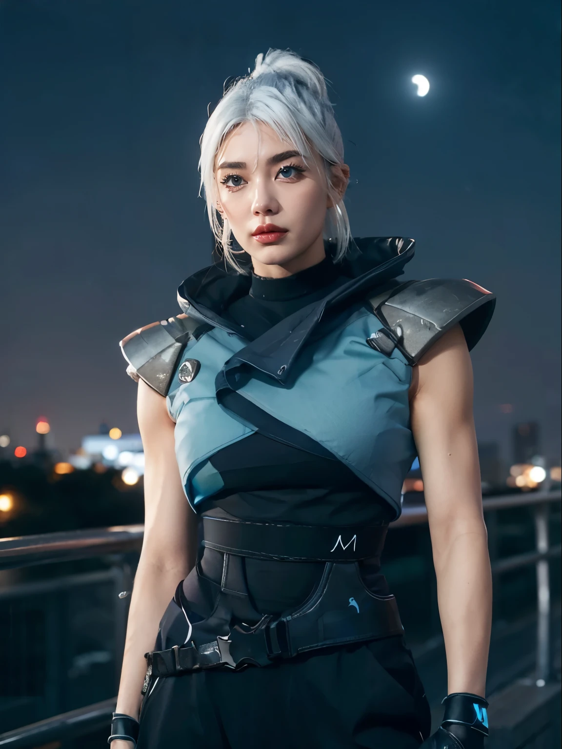 jett, 1girl, black gloves, shoulder pads, black pants, cropped sleeveless jacket, blue eyes, white hair, looking in the front, standing in the night city with moon in the sky