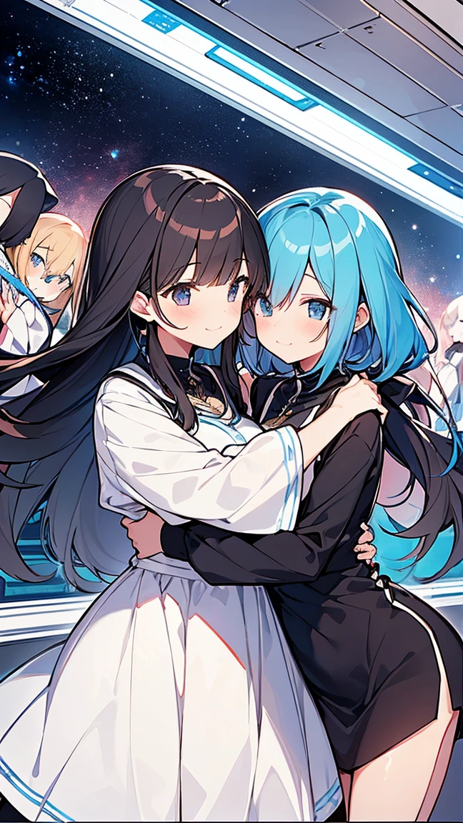 Two teenage girls，standing on your feet，in class room，full bodyesbian，White and gold，Hold each other，The two bodies are close together，Face to face