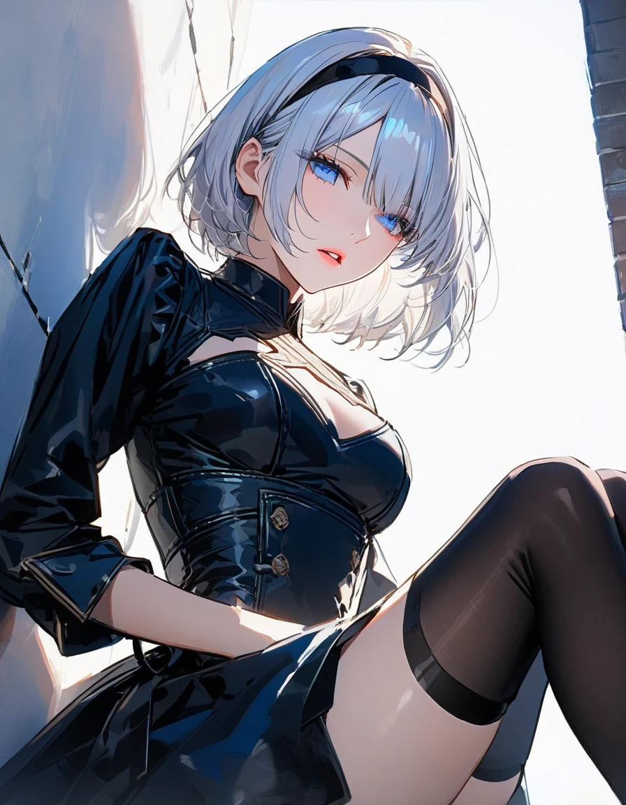 (masterpiece, Highest quality:1.2), (High resolution, 8K RAW Photos, Photorealistic, Clear focus, Weak outline:1.3), (Natural light, Fabric Shading), ((alone:1.5)), (1 mature woman, 2), ((NFSW:1.37,  Cleavage, Sexually harass)), ((Bright and beautiful eyes:1.3, Detailed pupil)), (Naked with a black leather jacket, tits、Pussy、Long boots)、(Looking at the audience, With a smile, Half-closed eyes), Raised to be sexy, (small open mouth:1.3), Silver hair with light purple mesh, Medium Short Hair, Hair on one eye, Asymmetrical Hair, Half Up Hair, Side Lock, blue eyes, (Luxurious accessories, necklace, Earrings, bracelet), Bokeh, Dynamic Angle, Leaning forward:1.2, Close-up face:1.5, whole body, From below:1.2, (Correct Anatomy:1.6, Ideal body proportions, The right move:1.5, Small hands), In town