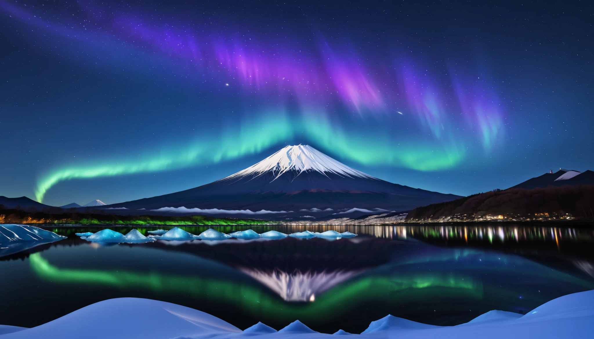  in ultra high quality, high definition , High Quality ,Spectacular views,(とてもThe giant Mt. Fuji up), the giant and realistic Milky Way galaxy that dazzles the night sky , sky full of stars,(The giant Mt. Fuji up),(Green and purple auroras ),An unbelievable number of stars々The brilliance,(A majestic, bright Milky Way star on a vast glacier々and the auroras shine are reflected )、(( the huge Mt. Fuji that rises in the center )),((The huge and majestic Mt. Fuji))、The glacier extends to the horizon 、 Jagged ice layers and snow-covered mountain peaks 、 reflects the colorful light above 。 BREAK The stars twinkle in the dark and clear sky 、 The surrounding landscape is wrapped in the surreal glow of the Milky Way 、 creates a mysterious atmosphere 。 BREAK The cool and clear air adds color to the landscape 、 snow shines in the milky way and the gentle light of auroras、 This frozen wilderness is so calm that it seems unearthly。An unbelievable amount of stars々,I can see lots of meteor showers ,
