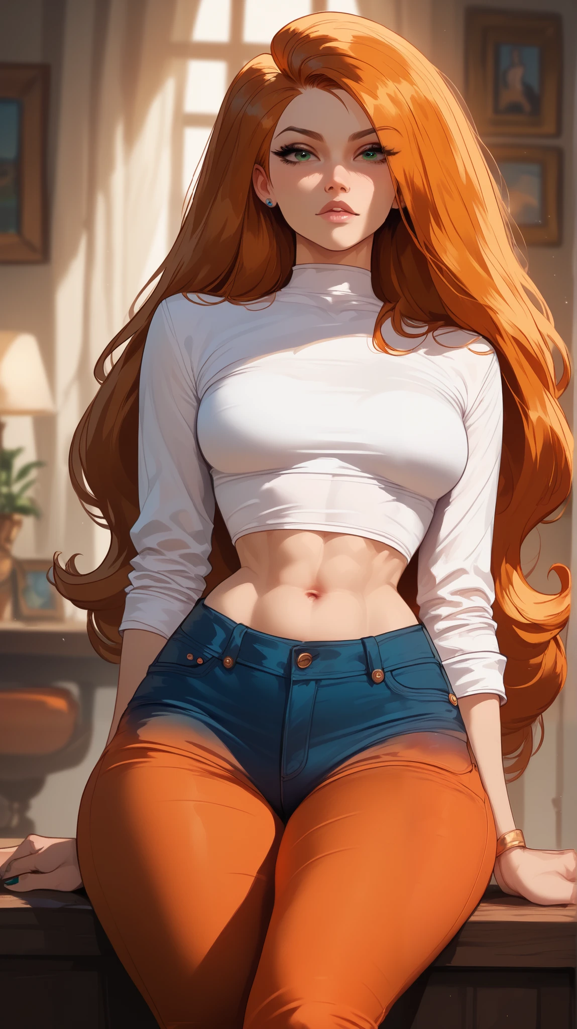 estilo Kim Possible, perfect eyes, perfectly sexy face, ultra detailed, ultra perfect eyes , big beautiful woman , sitting, dark blue shorts , orange hair, long hair pants, Body, looking at the spectator,