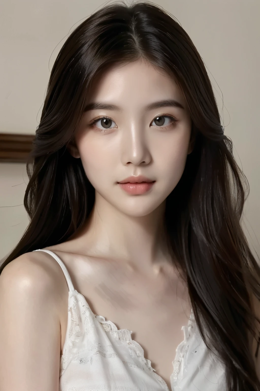 ((Masterpiece, high resolution, ultra detailed, 8k, raw photo)), 1 girl, graceful, soft skin, perfect face, perfect eyes, brown hair, long hair, wearing spring outfit, arm, pale skin, calm pose, in the ice cream store