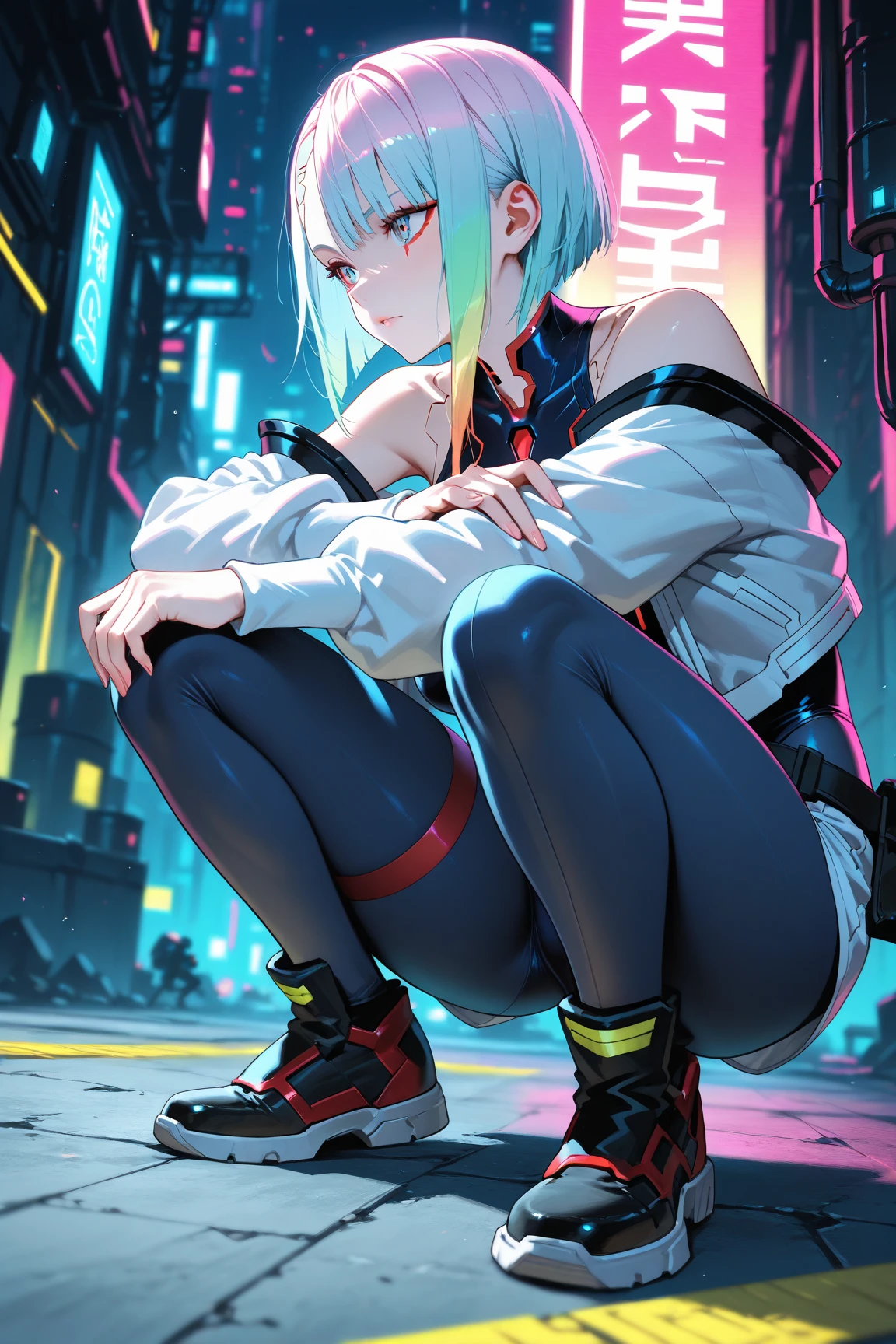 CG K ultrarrealista ,((de primera calidad、8k、32K、Obra maestra、nffsw:1.3)), (superfine illustration)、(super high resolution), (((cuerpo adulto))), (((1 chica en))), ((( bob de pelo corto ))), 25 year old cyberpunk gladiator with perfect body, Hombreras con espinas de metal., Gladiadores in Brooklyn, (( bob de pelo corto )), Camiseta del equipo de rugby rota, Casi desnudo al estilo urbano salvaje de Simon Bisley, pelo rubio corto, ropa minima, Metallic protection on the left arm with complex graphics..., Rojo oscuro con estrellas blancas y rayas azules y blancas., armadura, Lleno de puntas y remaches., Tatuaje de veneno (((Imagen desde la rodilla hacia arriba))), pelo rubio blanco corto, En el fondo、 There is a wall with an intricate design painted by Shepard Fairey...