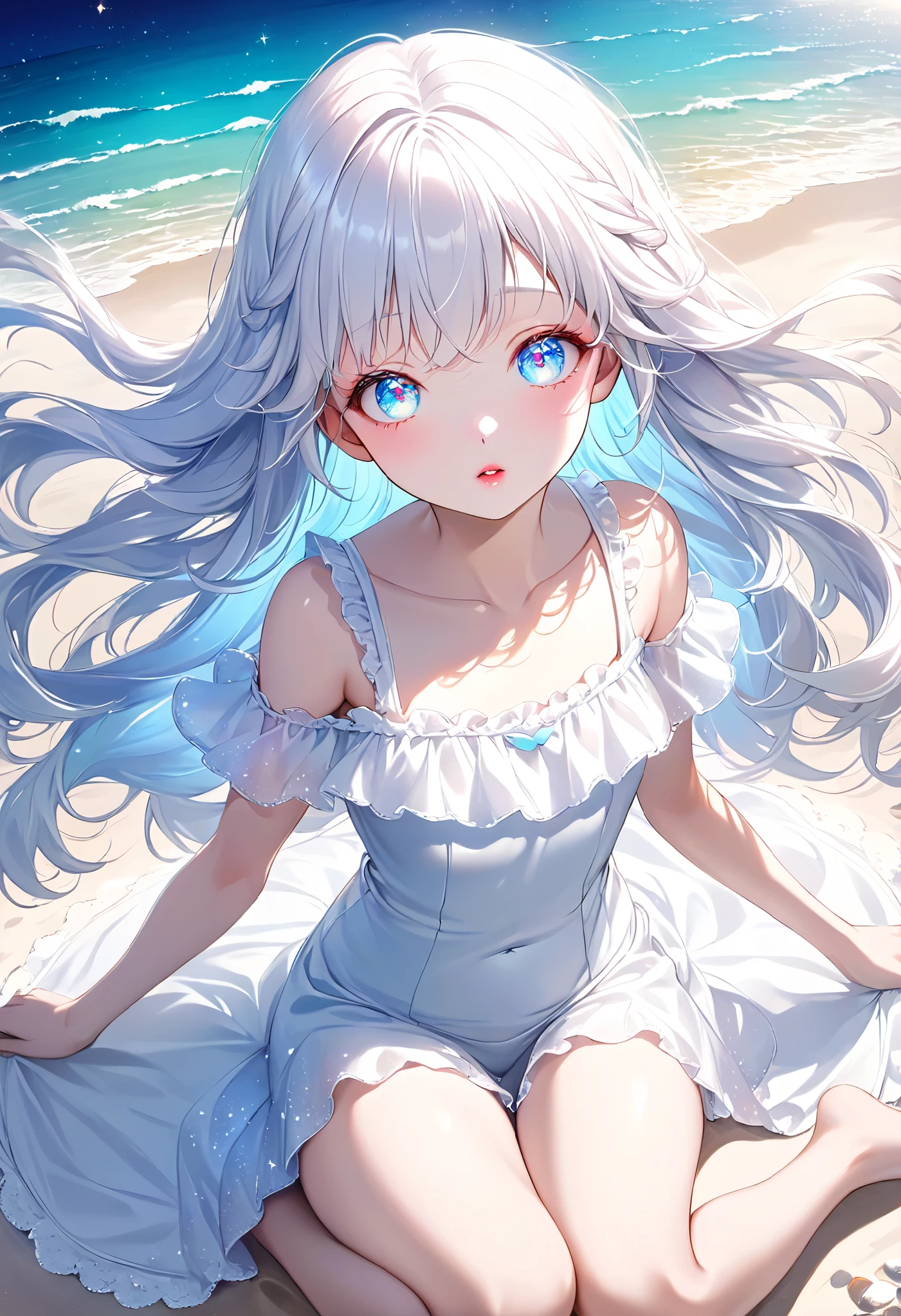 Seaside, sandy beach,Looks like a lot of fun, with lots of movement, curvy ,dynamic pose, sitting , View from above, POV, Very realistic scenery, very detailed ,very delicate hair, long hair ,Overall white retouching, white haired girl, white skin, White eyelashes, white eyebrows, pink lips, slightly red cheeks, white one piece, Sparkling background, , fluttering hair ,beautiful light blue eyes, space-like eyes, mystical, fantastical, {looking away}, beautiful, Light particles, light reflections, fine dust sparkles, fantastic shining scenery, very high quality, real retouching,Very cute, young, very delicate touch, beautiful