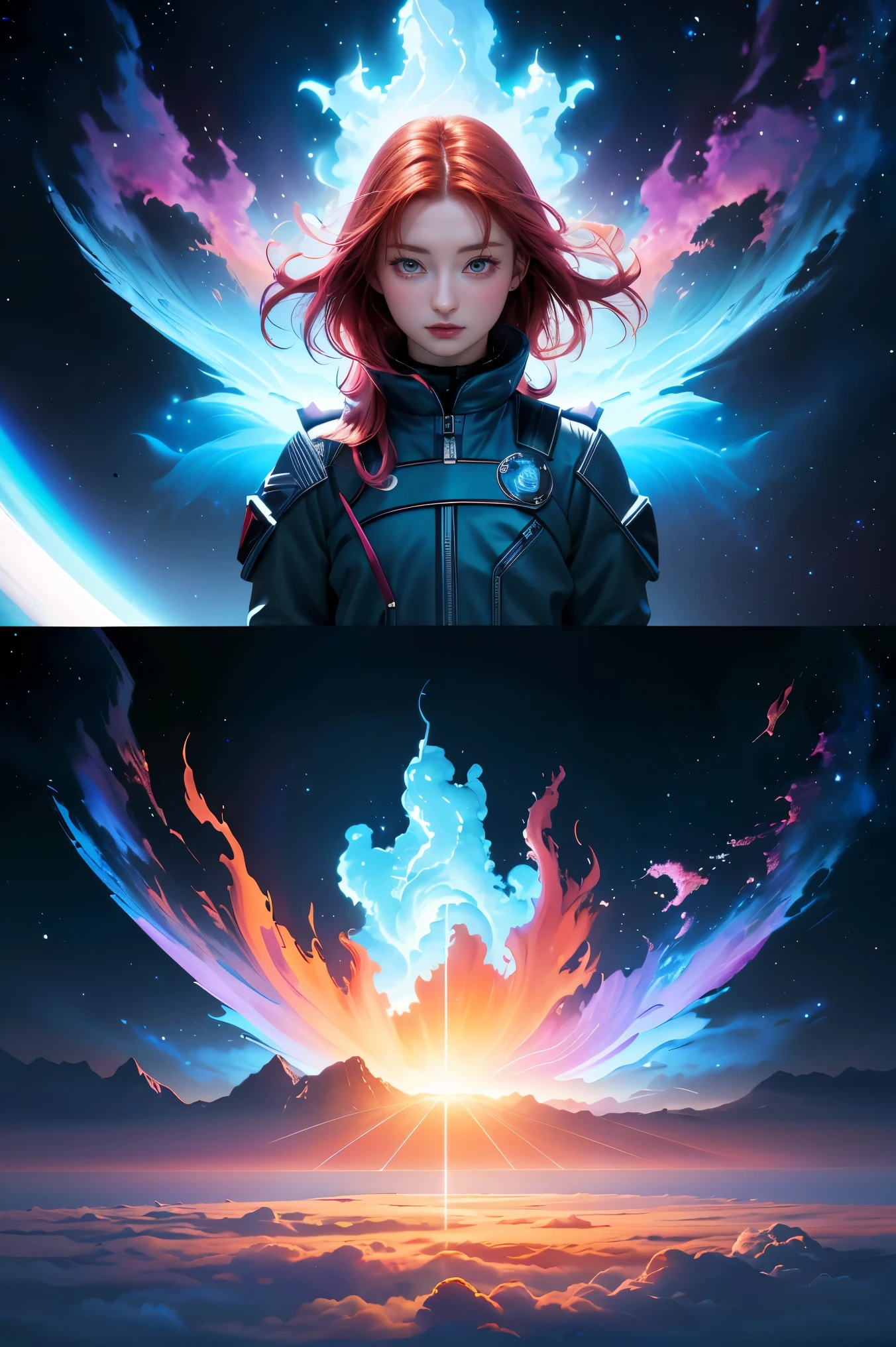 (alone) inconceivable and spectacular an emergency scene of a cloud figure Sophie Turner in a cosmic cloud, Fractal Nebula, cosmic, heavenly, Vibrant and vivid entities, whirlwind, spinning, unrealistic, high contrast, symbolism, Magic, mystery的な, mystery, surreal,