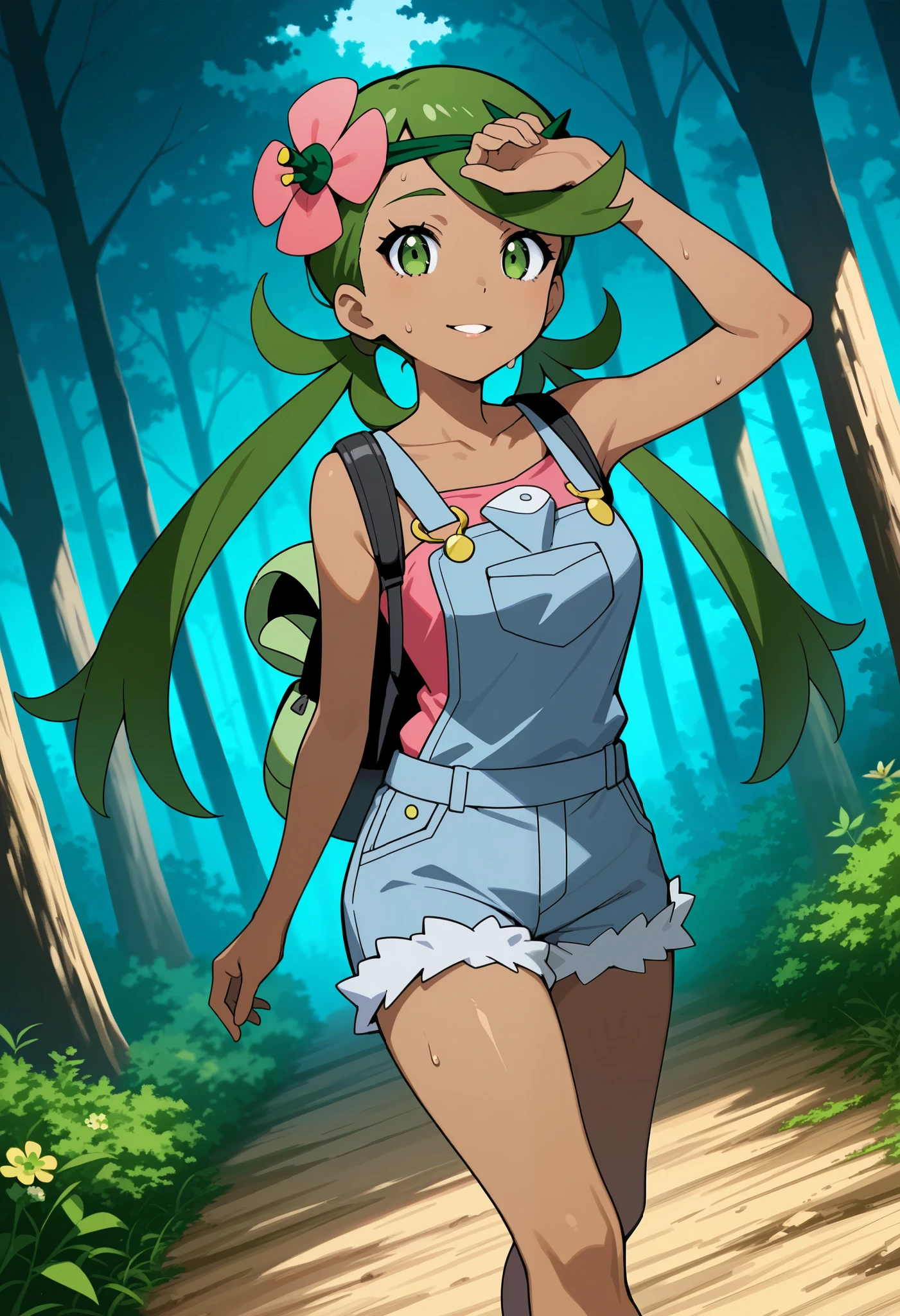 score_9, score_8_up, score_7_up, source_anime, mallow, 1girl, solo, long hair, bangs, hair ornament, twintails, green eye, flower, green hair, hair flower, dark skin, dark-skinned female, swept bangs, mallow (pokemon), smile, parted lips, , looking at viewer, collarbone, sleeveless, pink shirt, denim overall, thighs, backpack, outdoor, forest, walking,hand on own Forehead, sweat. Dutch angle.