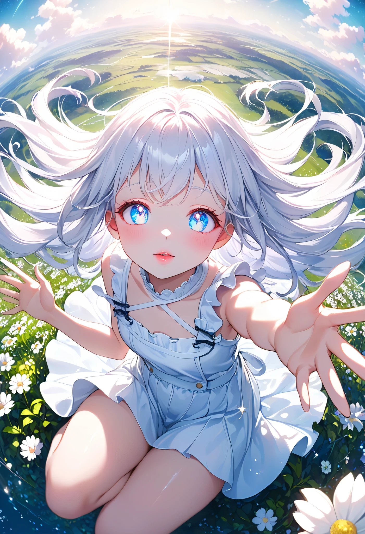 fisheye lens ,Five Fingers, white flower field,Looks like a lot of fun, with lots of movement, curvy ,dynamic pose, sitting , View from above, Very realistic scenery, very detailed ,very delicate hair, long hair ,Overall white retouching, white haired girl, white skin, White eyelashes, white eyebrows, pink lips, slightly red cheeks, white one piece, Sparkling background, , fluttering hair ,beautiful light blue eyes, space-like eyes, mystical, fantastical, {looking away}, beautiful, Light particles, light reflections, fine dust sparkles, fantastic shining scenery, very high quality, real retouching,Very cute, young, very delicate touch, beautiful
