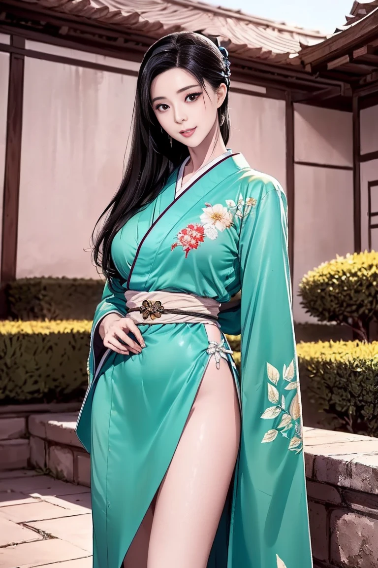 masterpiece, Highest quality, Beautiful art, High resolution, Well-formed hands, Body and fingers, 1 female, alone, green hair, green eyes, hair ornaments, Adult, grown, Big Breasts, Cleavage, whole body, Braided long hair, green_Japanese_Clothes, wearing DOA Kasumi's green kunoichi dress, sexy and skimpy Japanese Clothes, Peeping at Kimono, Panty peeking, No sleeve, White Stockings, Gorgeous legs and thighs, She strikes a sensual and seductive fighting pose, showing and exposing her Cleavage, Smiling happily, Looking at the audience, make out, Beach Environment