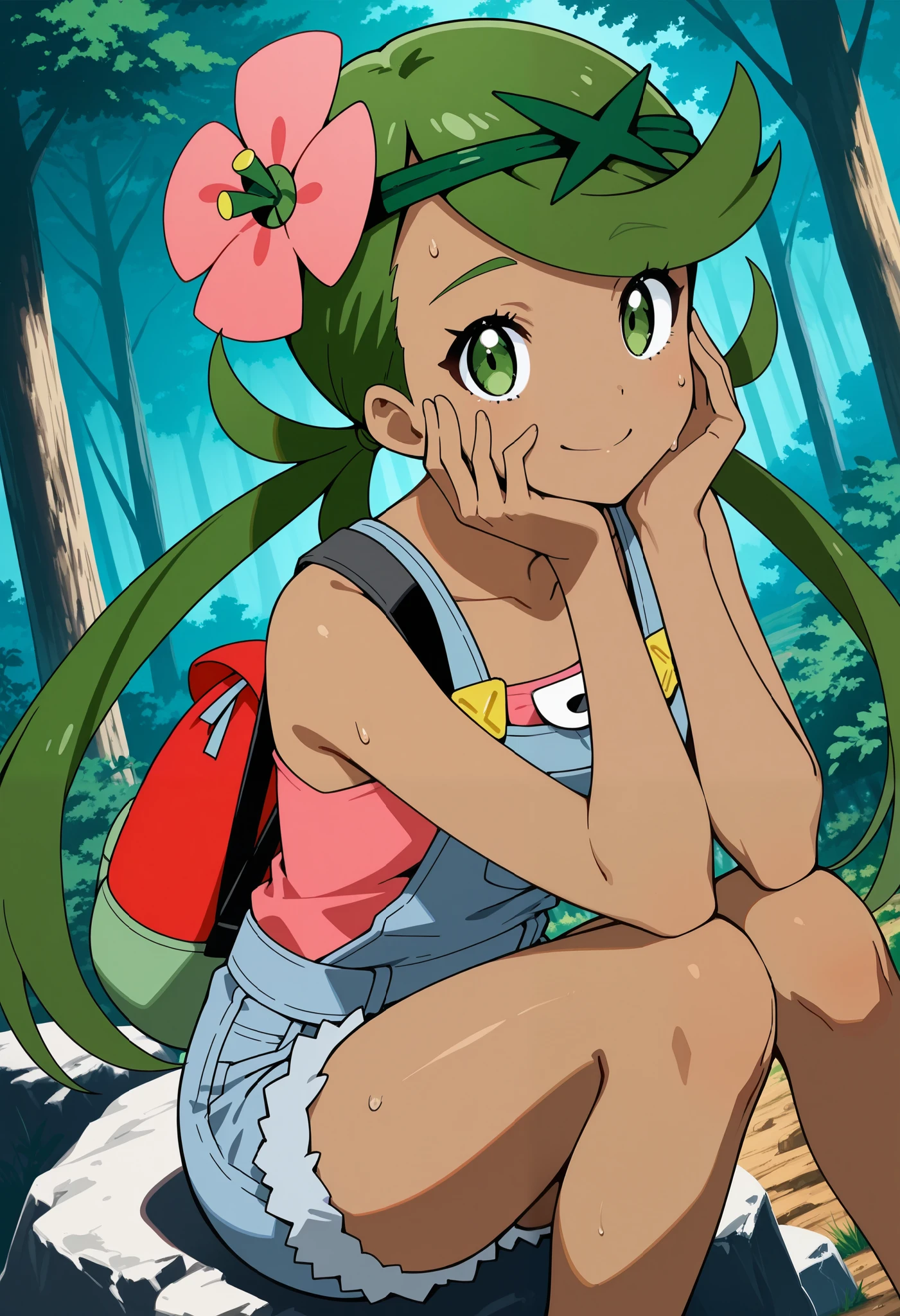 score_9, score_8_up, score_7_up, source_anime, mallow, 1girl, solo, long hair, bangs, hair ornament, twintails, green eye, flower, green hair, hair flower, dark skin, dark-skinned female, swept bangs, mallow (pokemon), smile,  looking at viewer, collarbone, sleeveless, pink shirt, denim overall, thighs, backpack, outdoor, forest, on the rock,  sitting,  leaning forward,  arms on knees,  hands on own face, sweat. Dutch angle.
