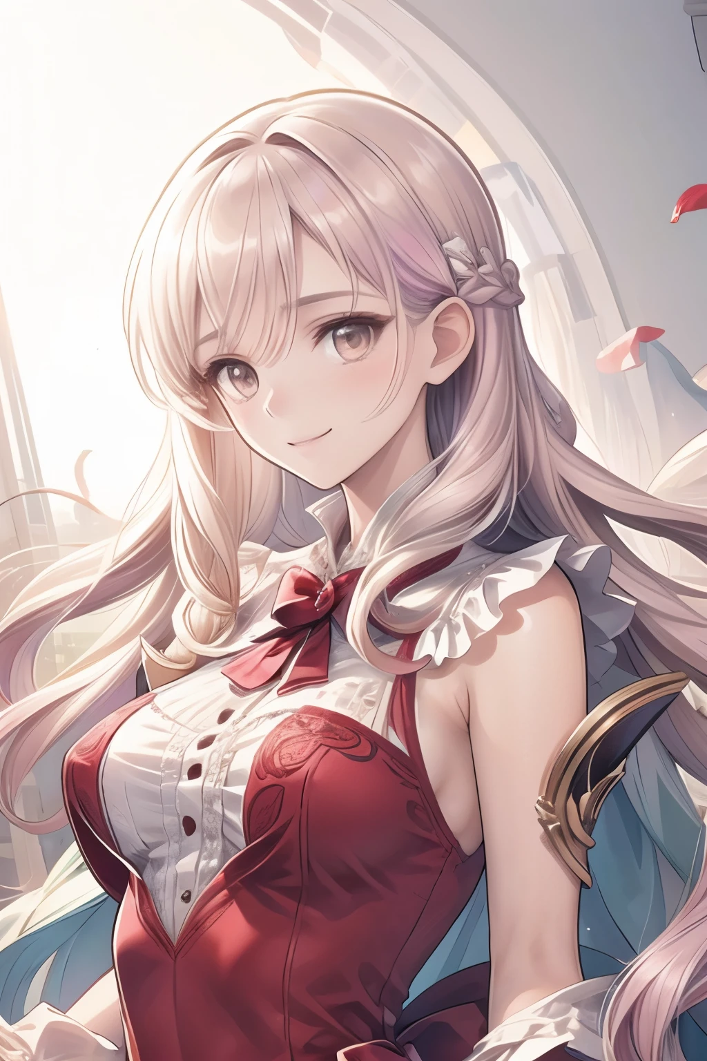 (   inspired by the highest image quality ), (  master over c ), (  More Details ), (  Detailed Eye Description  :1.2), Masterpiece,   best quality  ,   1 girl,   HaruKanaNami  ,    Very long hair that can bow  ,   light purple hair ,    Wrench Elegadome  , smile, 