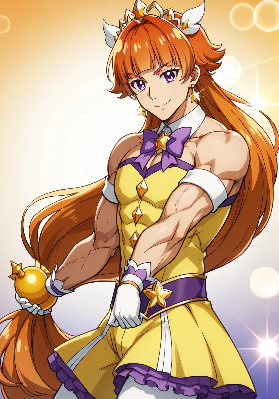 score 9 、score 8 up、score 7 up、source anime、masterpiece、最 High Quality 、 high resolution、 viewers、 written depth、 standing、 cowboy shot on the ground、1boy 、Alone、 detailed background 、(male:1.7)、male focus、(male body:1.7)、cure twinkle、 orange hair、 very long hair that gives off a bow、low twintail hair、blunt bangs 、 purple eyes、Yellow Dress、 strapless dress、purple petticoat 、purple neck bow、white thigh boots、earrings、biceps、triceps、deltoids、thigh muscles、white hair ribbon、tiara、smile、((gradient background))、lens flare、1boy 、Alone、 look at the viewers、beefcake style、smile、Alone、beefcake pose、 contrapost 、smile、 look at the viewers、(cowboy shot:1.5)、I closed my mouth、 High Quality 、 look at the viewers、shy、smile、最 High Quality 、
