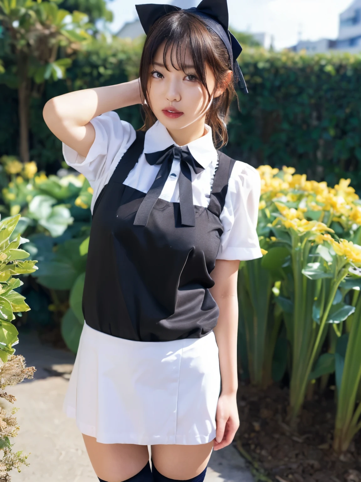 Highest quality、超A high resolution、(Photorealistic:1.5)、1 girl、(Brown Hair:1.2)、(Big Breasts:1.2)、Whole Body Ezbian、Coffee shop、Cafe、Smile、Bad Eyes、(Fascinating), ((exciting: 1.5)),Frillsメイドヘッドバンド, ponytail, Braided hair, Frillsブラウス, Ribbon tie, apron, Long skirt, Puff sleeves, White silk ankle socks,Frills,