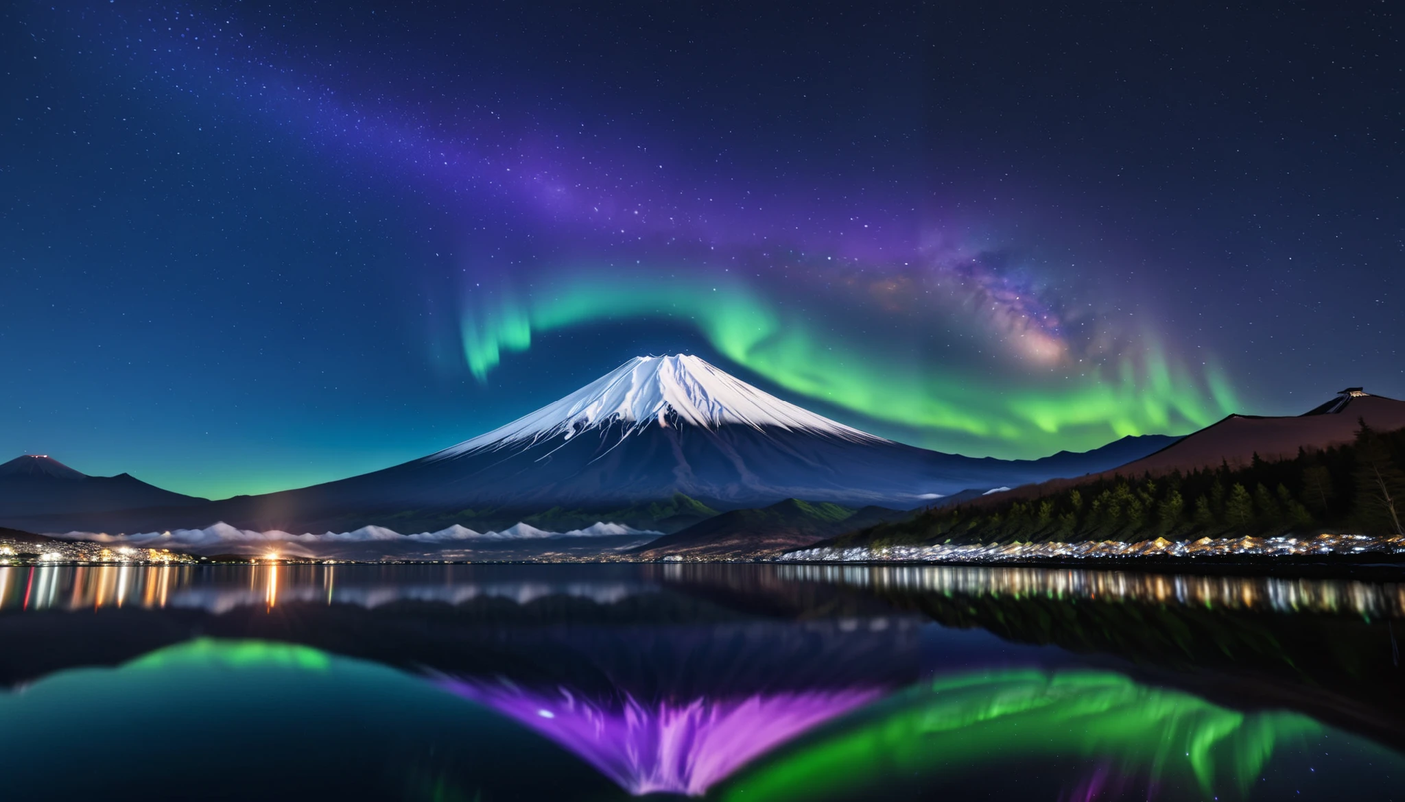 in ultra high quality, high definition , High Quality ,Spectacular views,(とてもThe giant Mt. Fuji up), the giant and realistic Milky Way galaxy that dazzles the night sky , sky full of stars,(The giant Mt. Fuji up),(Green and purple auroras ),An unbelievable number of stars々The brilliance,(A majestic, bright Milky Way star on a vast glacier々and the auroras shine are reflected )、(( the huge Mt. Fuji that rises in the center )),((The huge and majestic Mt. Fuji))、The glacier extends to the horizon 、 Jagged ice layers and snow-covered mountain peaks 、 reflects the colorful light above 。 BREAK The stars twinkle in the dark and clear sky 、 The surrounding landscape is wrapped in the surreal glow of the Milky Way 、 creates a mysterious atmosphere 。 BREAK The cool and clear air adds color to the landscape 、 snow shines in the milky way and the gentle light of auroras、 This frozen wilderness is so calm that it seems unearthly。An unbelievable amount of stars々,I can see lots of meteor showers ,