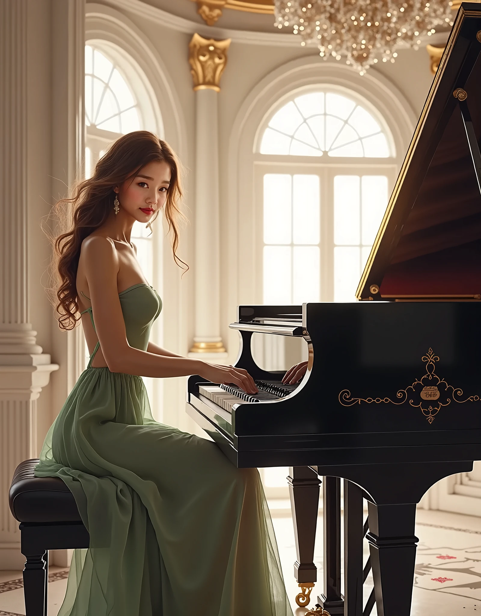 Araffe woman in a green dress sitting at a piano - SeaArt AI