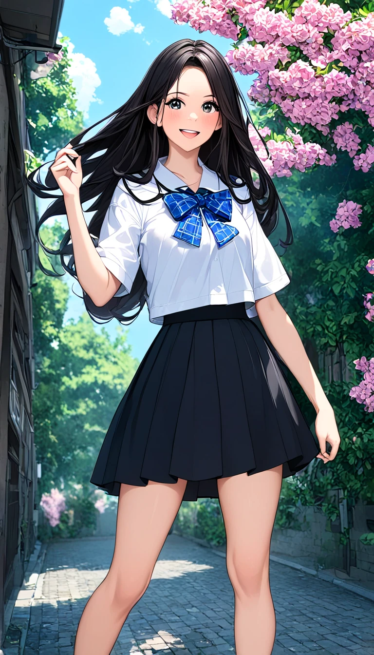 (masterpiece), highly detailed, best quality, 1girl, ShigureKancolle, ShigureBase, , pleated skirt, black hair, fine detailed shiny blue eyes, long hair, large braid, outdoor, smile, small breasts, cowboy shot, looking at viewer, flat hair, immature, young, ahoge
