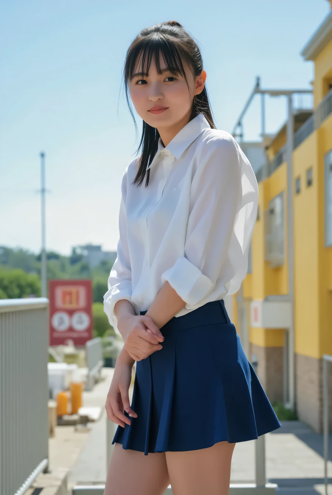 ((  best quality  、Masterpiece、、   best image quality 、  super high definition 、  Award-winning work  )、(  white blouse、   Navy Blue Mini Skirt :1.8)、(  accurate anatomy :1.1)、(classroom:1.2)、  blue sky、((Rear View、 butt:1.8))、(Look back at me and smile:1.1)、smile:1.8、  super high definition  for bright and fair skin、The most detailed face、  super high definition  detailed face、  super high definition の髪の毛、  ponytail、  super high definition の煌めく瞳、   is depicted in every detail 、(  blurry background:1.1)、  very bright and vivid  、 beautiful Japanese actress's face 、Dimly lit classroom:1.1)、((whole body:1.6))、  beautiful breasts  、 tight butt 