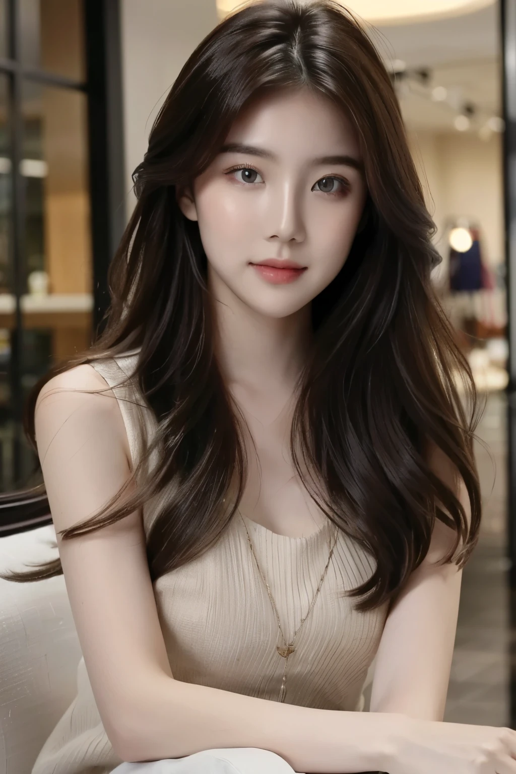 ((Masterpiece, high resolution, ultra detailed, 8k, raw photo)), 1 girl, graceful, soft skin, perfect face, perfect eyes, brown hair, long hair, wearing spring outfit, pale skin, calm pose, in the mall shop
