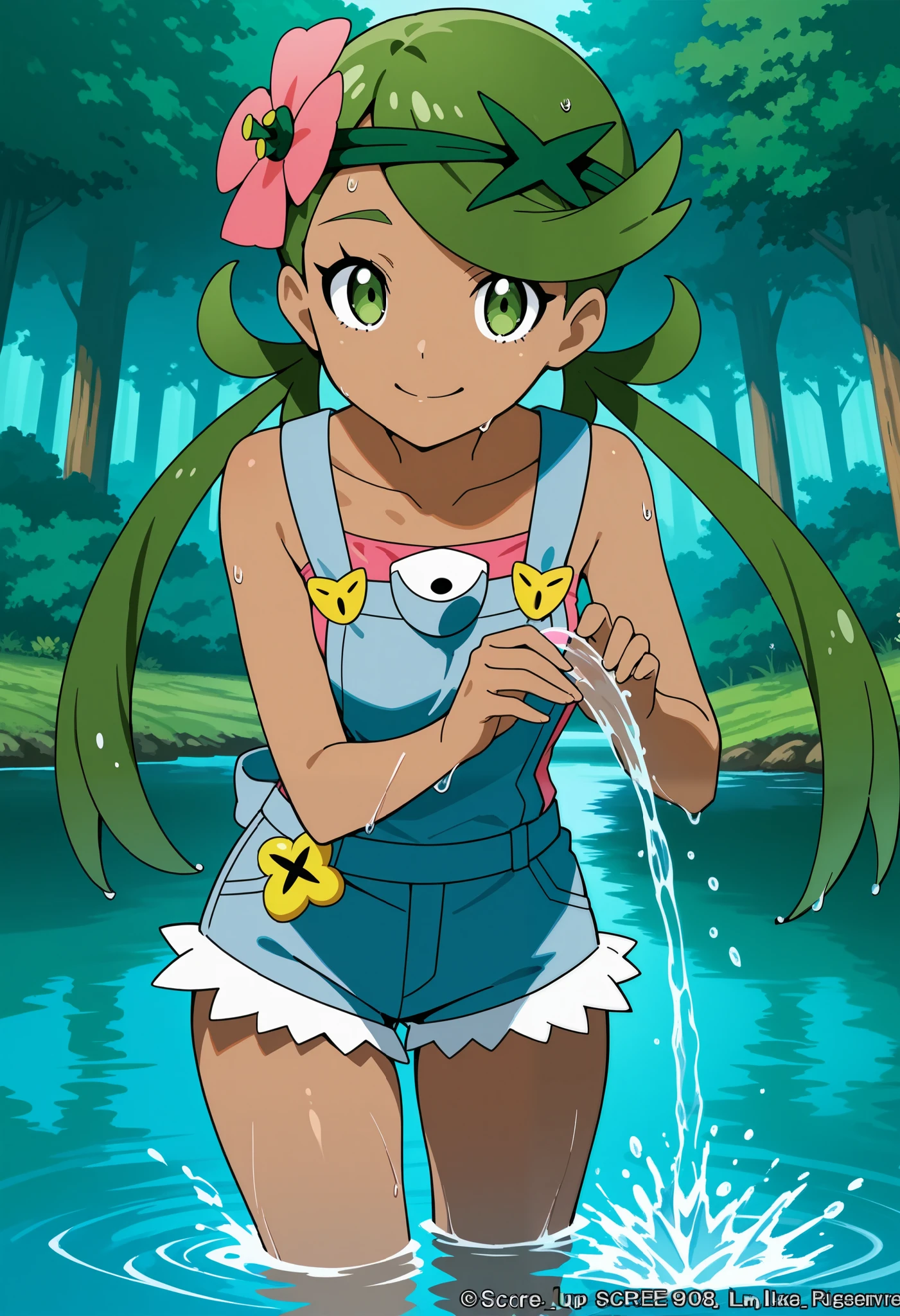 score_9, score_8_up, score_7_up, source_anime, mallow, 1girl, solo, long hair, bangs, hair ornament, twintails, green eye, flower, green hair, hair flower, dark skin, dark-skinned female, swept bangs, mallow (pokemon), smile, looking at viewer, collarbone, sleeveless, pink shirt, denim overall, thighs, wet hair, wet skin, wet clothes, outdoor, forest, lake, in the lake, playing, splash on the water. Dutch angle.