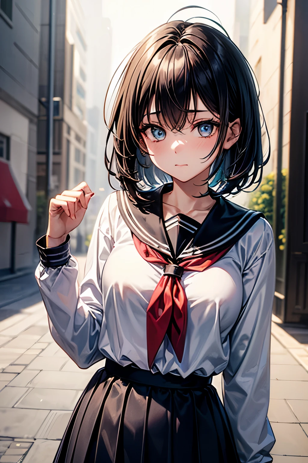 cinematic feeling,anime,masterpiece,best quality,Top animation quality,high resolution,solo,(above the waist),a girl,extremely detailed hair and eyes,light smile,long sleeve sailor suit,pleated skirt,nail polish,sexy poss,very beautiful,School corridor background,depth of field,perspective