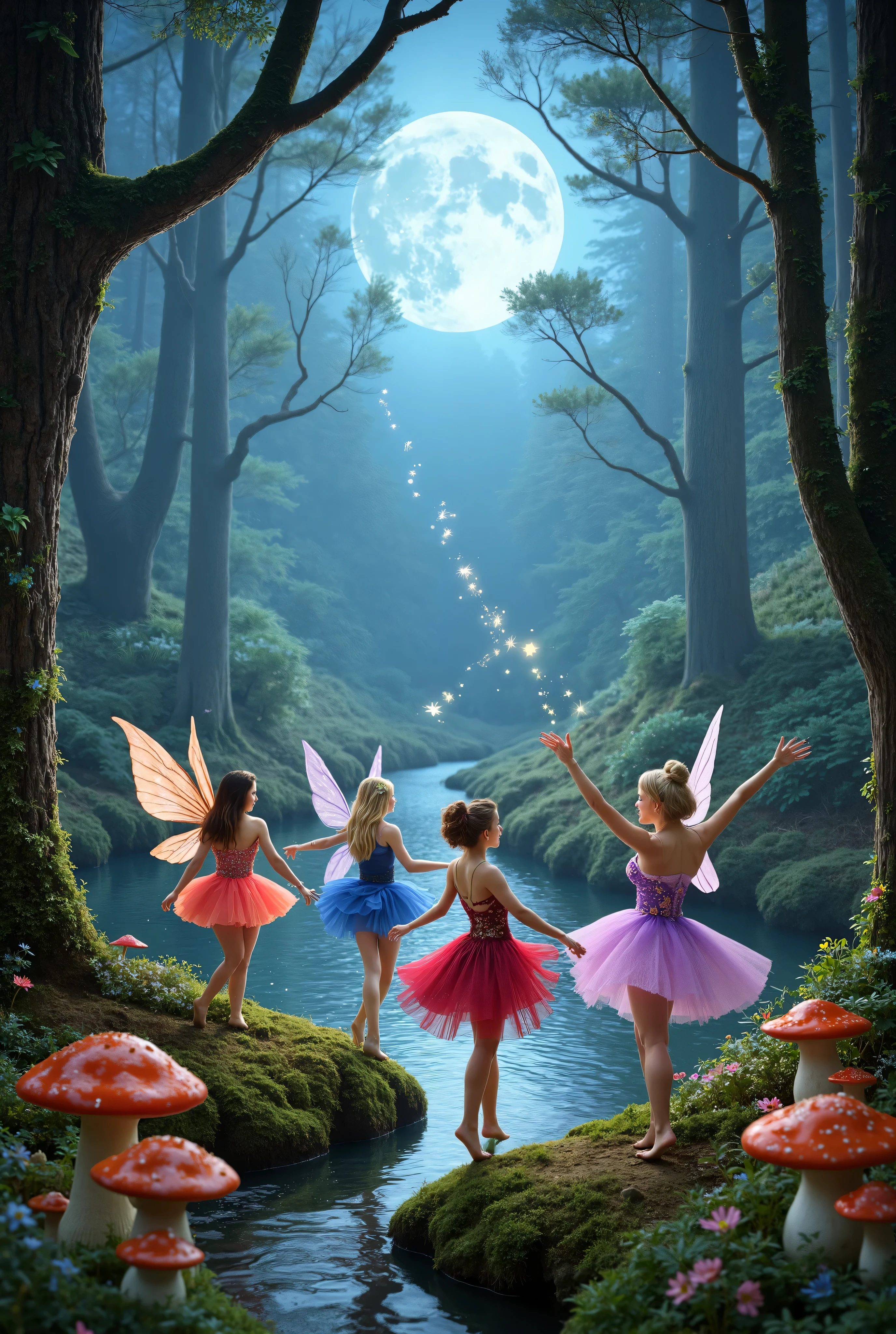 A magical scene with very colorful fairies and elves in a forest