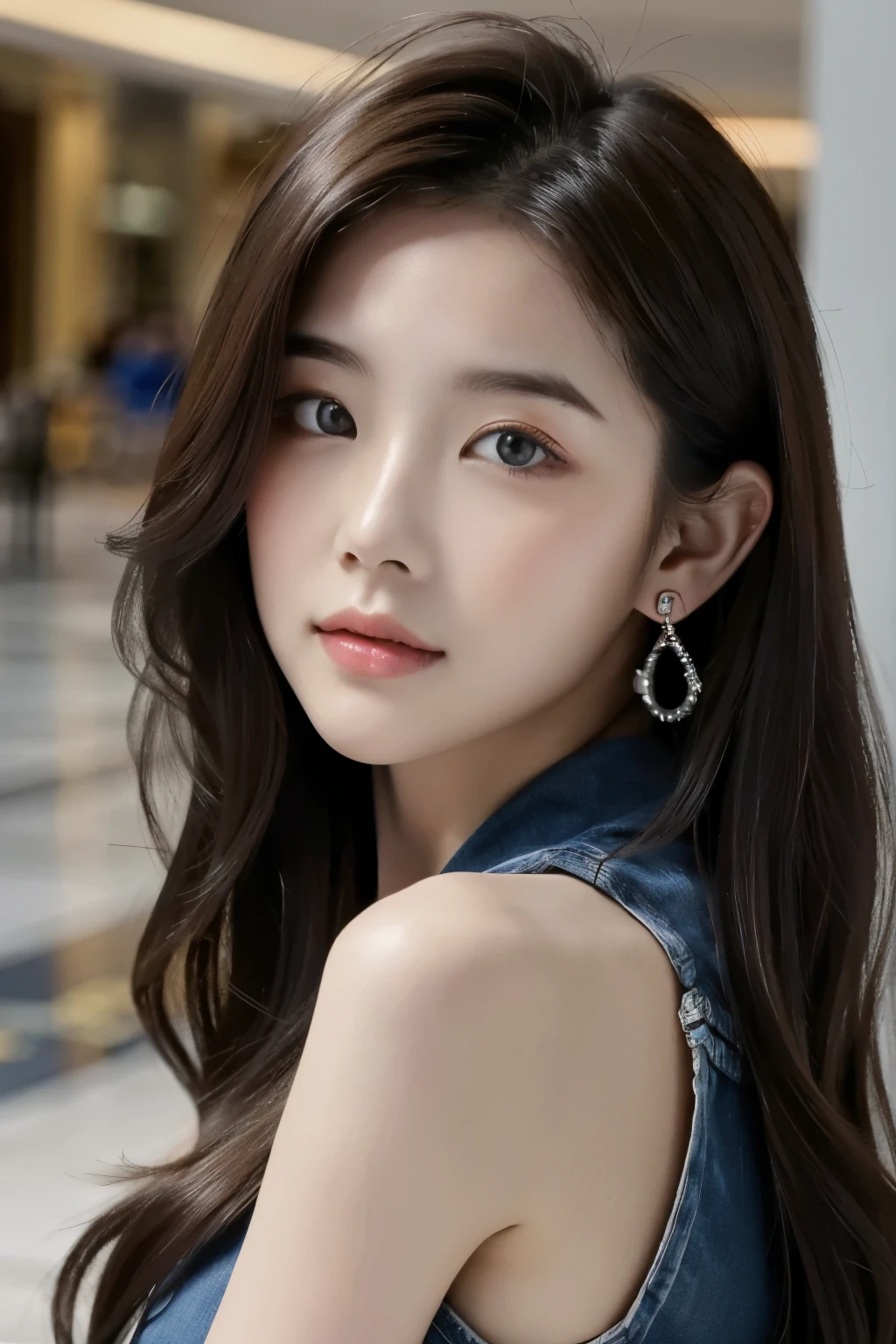 ((Masterpiece, high resolution, ultra detailed, 8k, raw photo)), 1 girl, graceful, soft skin, perfect face, perfect eyes, brown hair, long hair, wearing black shirt, blue denim, wearing earings, pale skin, calm pose, in the mall shop
