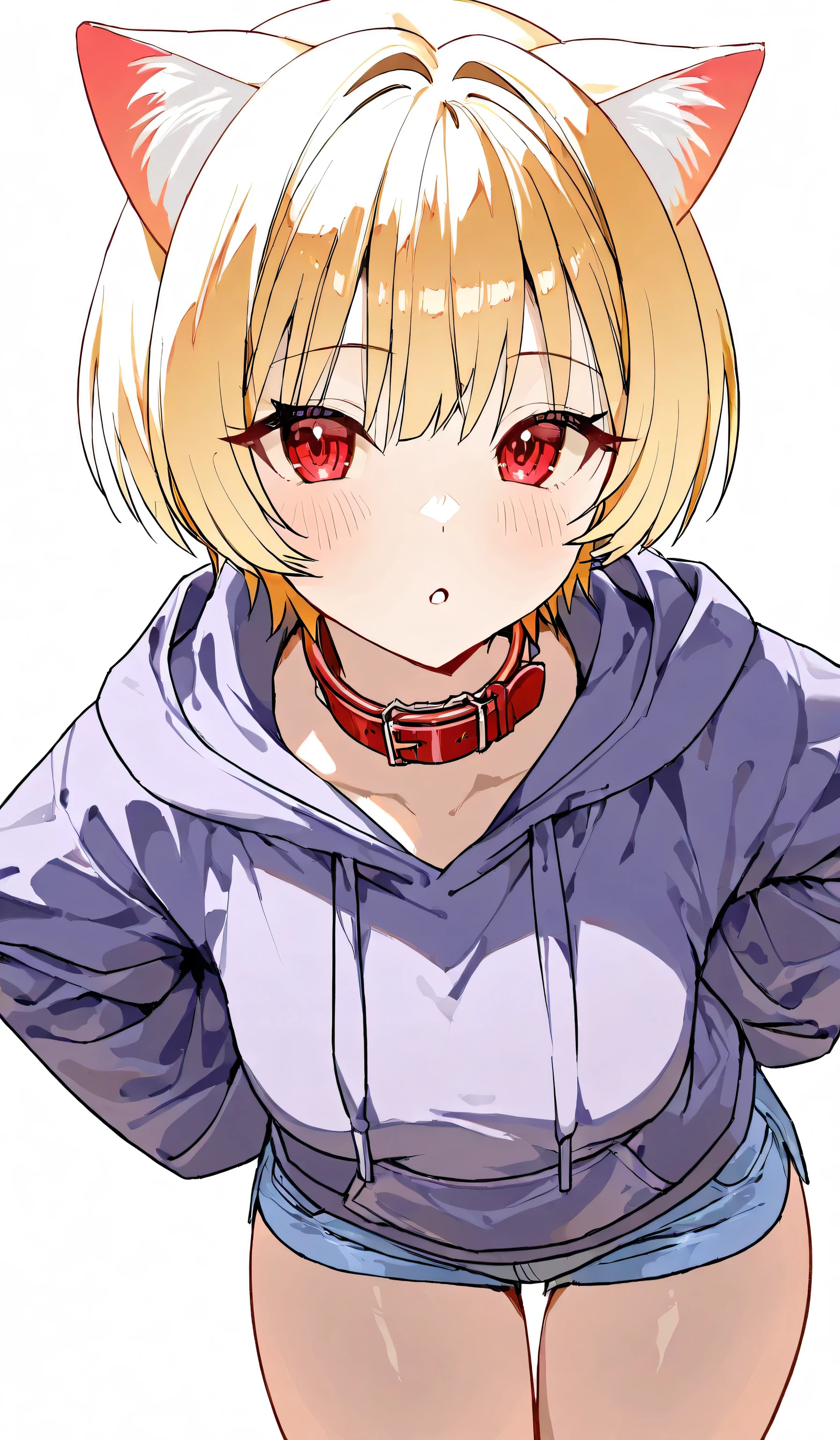 best quality、8k、 highres、 one girl、Alone、バストアップ、Blonde, short hair, short hair 、 cat ears the same color as hair
BREAK
red eyes, red eyes
BREAK
Black collar , purple hoodie , hotpants, white background 