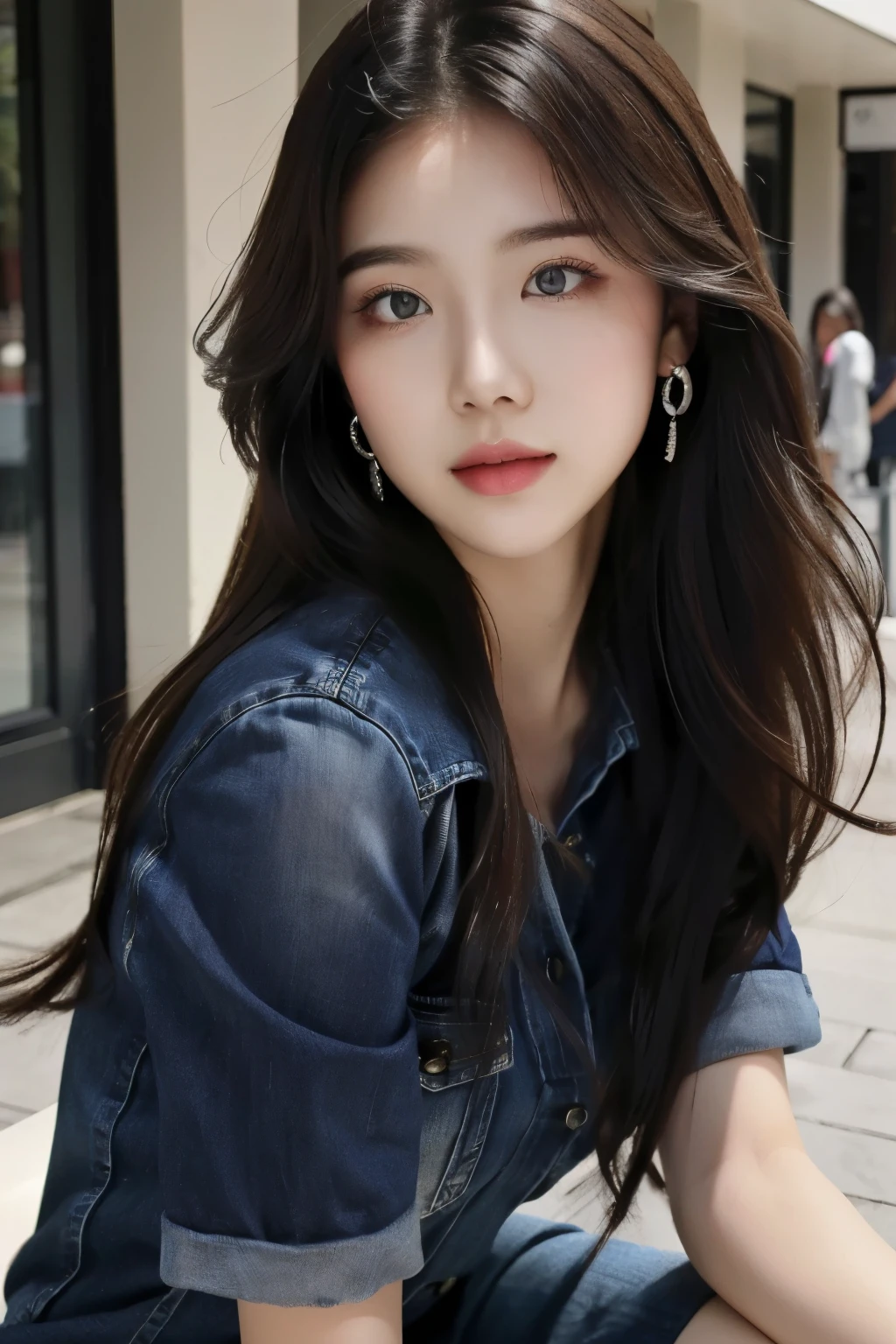 ((Masterpiece, high resolution, ultra detailed, 8k, raw photo)), 1 girl, graceful, soft skin, perfect face, perfect eyes, brown hair, long hair, wearing black shirt, blue denim, wearing earings, pale skin, calm pose, in the mall shop