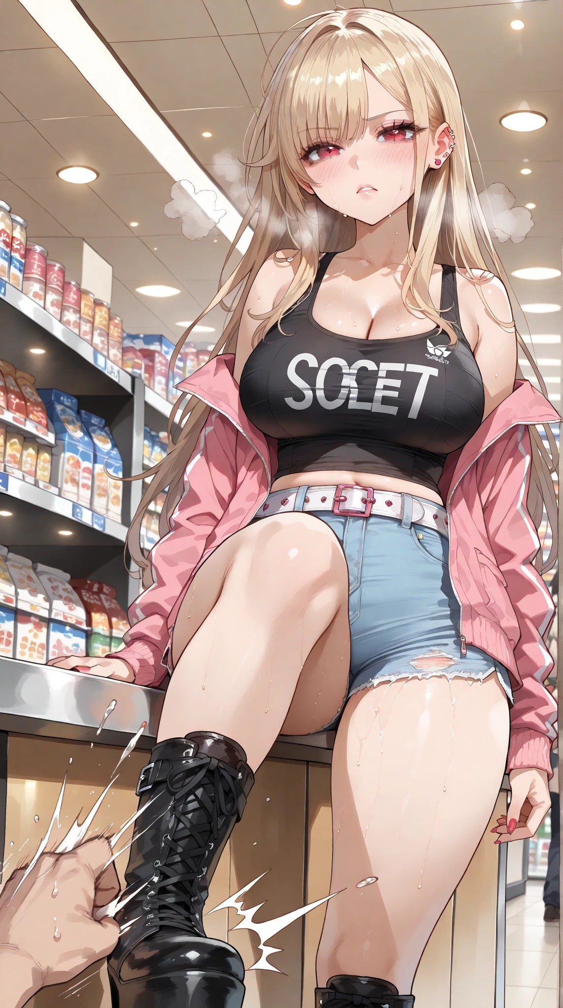 Girl, woman, mature, {milf}, {pregnant}, {hentai}, {NSFW}, HD, high res, {BBC}, woman smoking and drinking beer while pregnant, {condom belt}, {pink latex bikini}