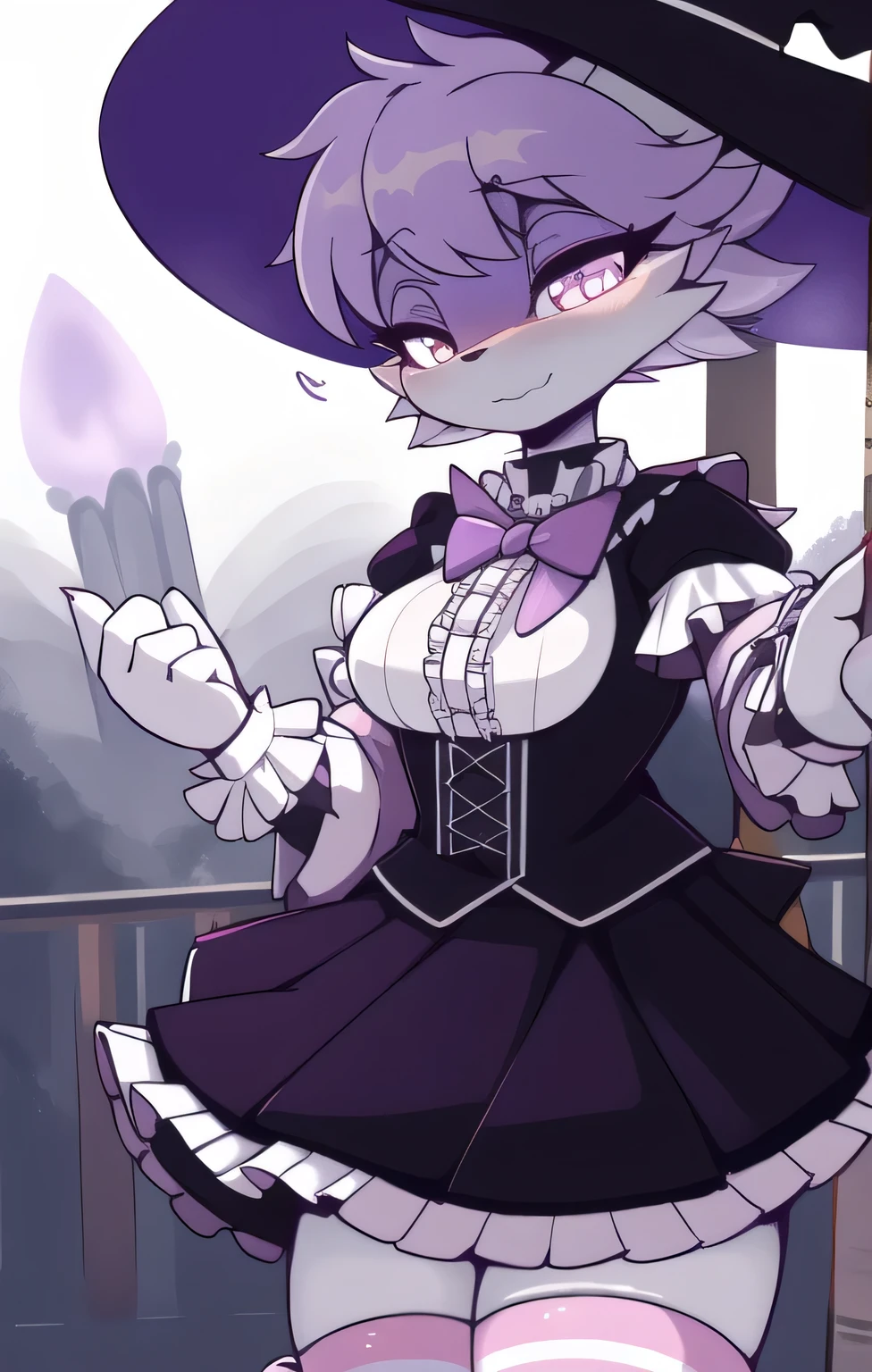 in, best quality , Masterpiece、 Flashy Pastel Clothes、bad、 bright 、 tall、 、 Cloudy Hairstyle 、witch、Female Furry、striped socks ,Frills、 skirt 、 beckoning
