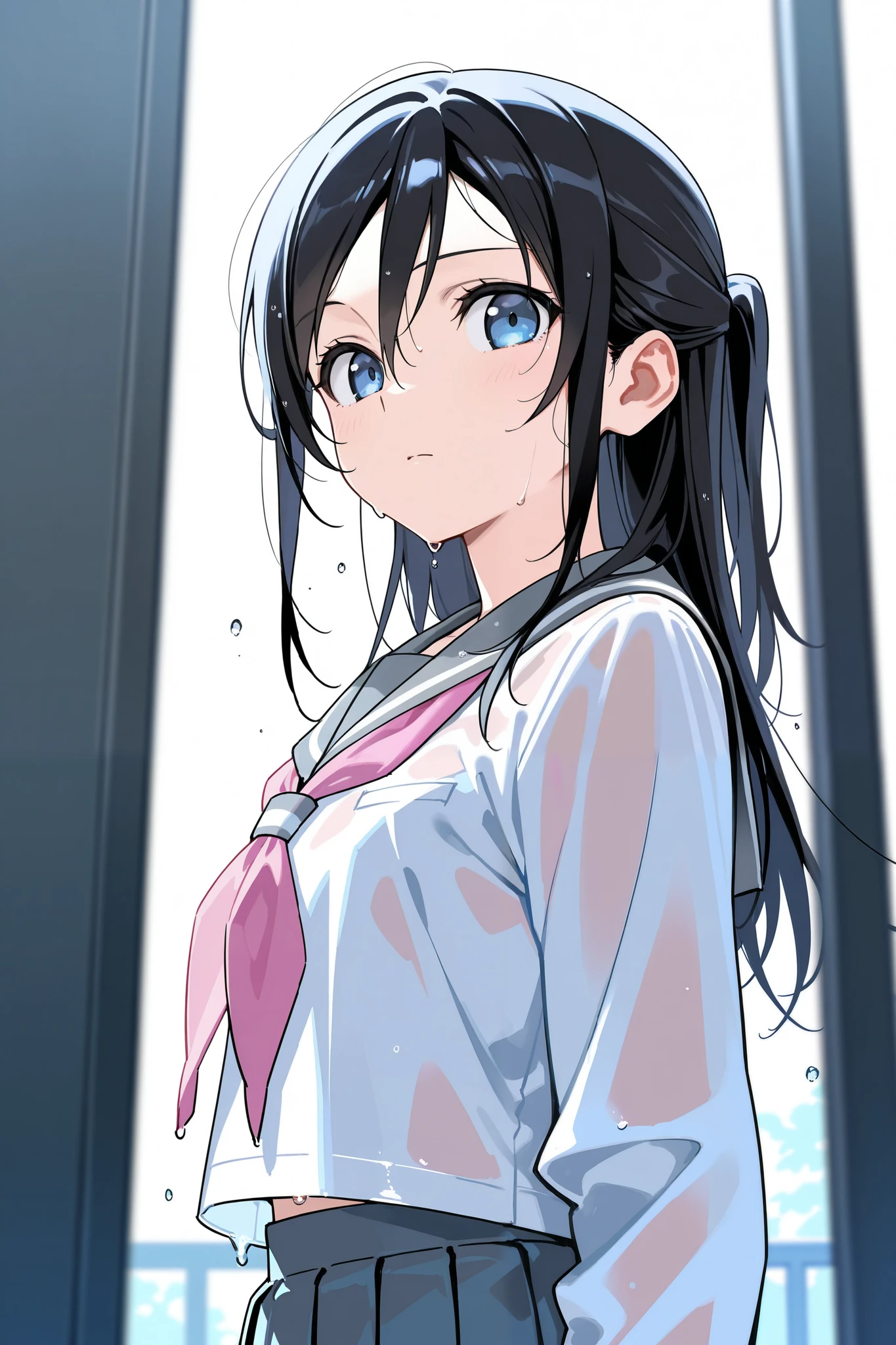 ayase_aragaki,1 female,solo,
I_,wet black hair,long hair,half updo,hair between eyes,blue eyes,looking at viewer,
skirt,school uniform,sailor suits,shirt, white shirt,grey sailor collar,grey skirt, pleated skirt,neckerchief,pink neckerchief,
extreme close-up under the chest,low angle