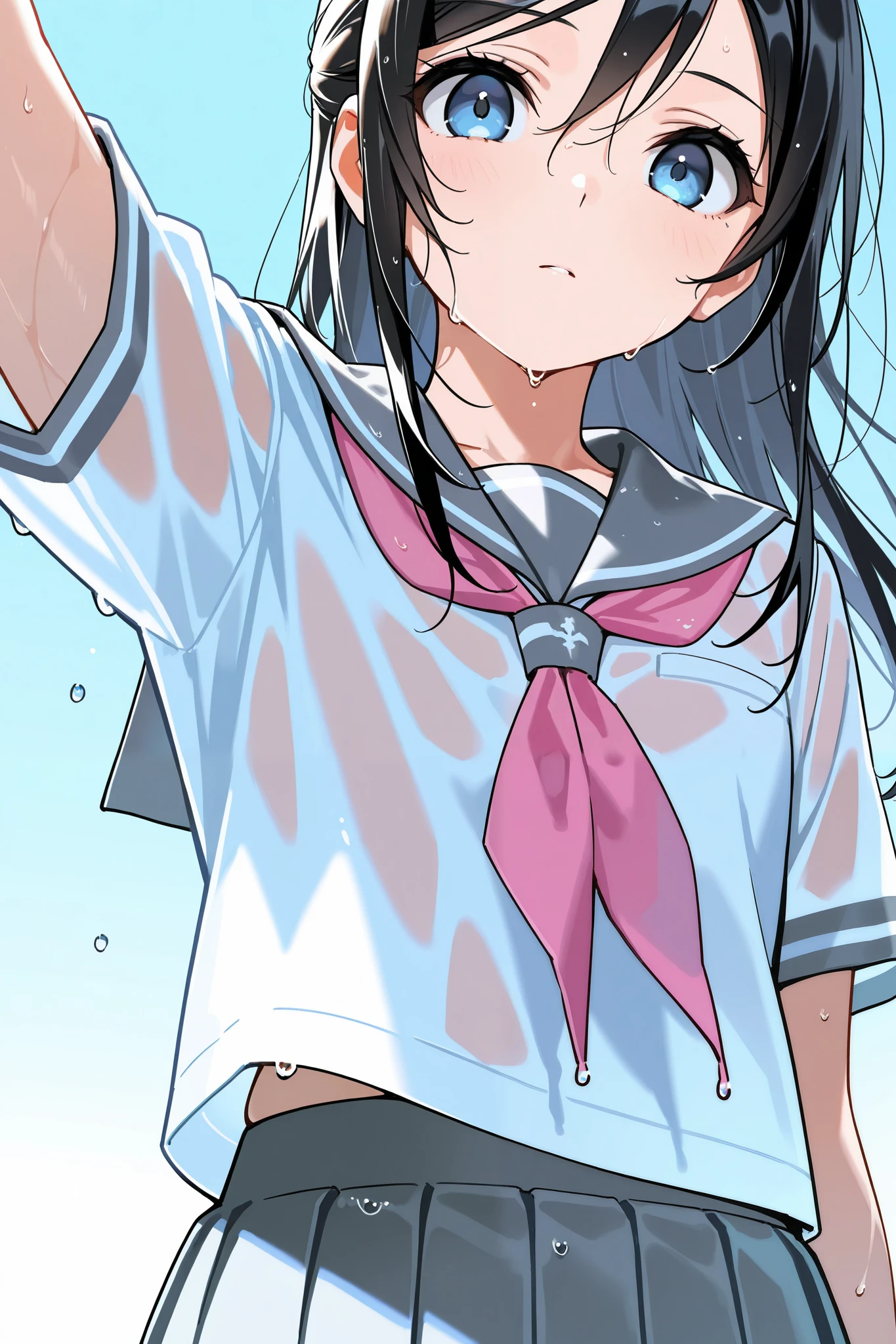 ayase_aragaki,1 female,solo,
I_,wet black hair,long hair,half updo,hair between eyes,blue eyes,looking at viewer,
skirt,school uniform,sailor suits,shirt, white shirt,grey sailor collar,grey skirt, pleated skirt,neckerchief,pink neckerchief,
extreme close-up under the chest,low angle