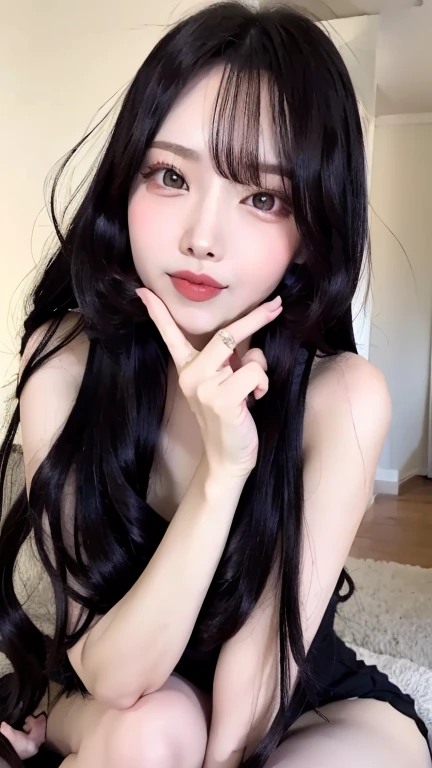 arafed woman with long black hair and a black top, she has black hair with bangs, long dark hair with bangs, long black hair with bangs, cruel korean goth girl, ulzzang, long hair with full bangs, korean girl, long hair with bangs, hair blackbangs hair, long straight bangs, neat hair with bangs, with bangs
