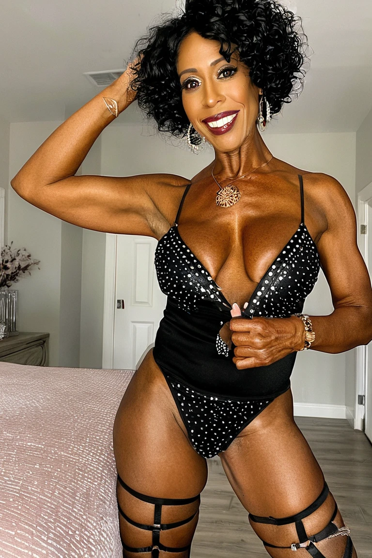 Androeda, solo, realistic, black girl, ((85-year-old girl)), ((mature)), ((old woman)), ((wrinkled woman)), african american old woman, old black woman, dark-skinned, (((upper body only))), ((at the gymnasium)), ((selfie shot)), smiling, wearing attractive tops, white hair