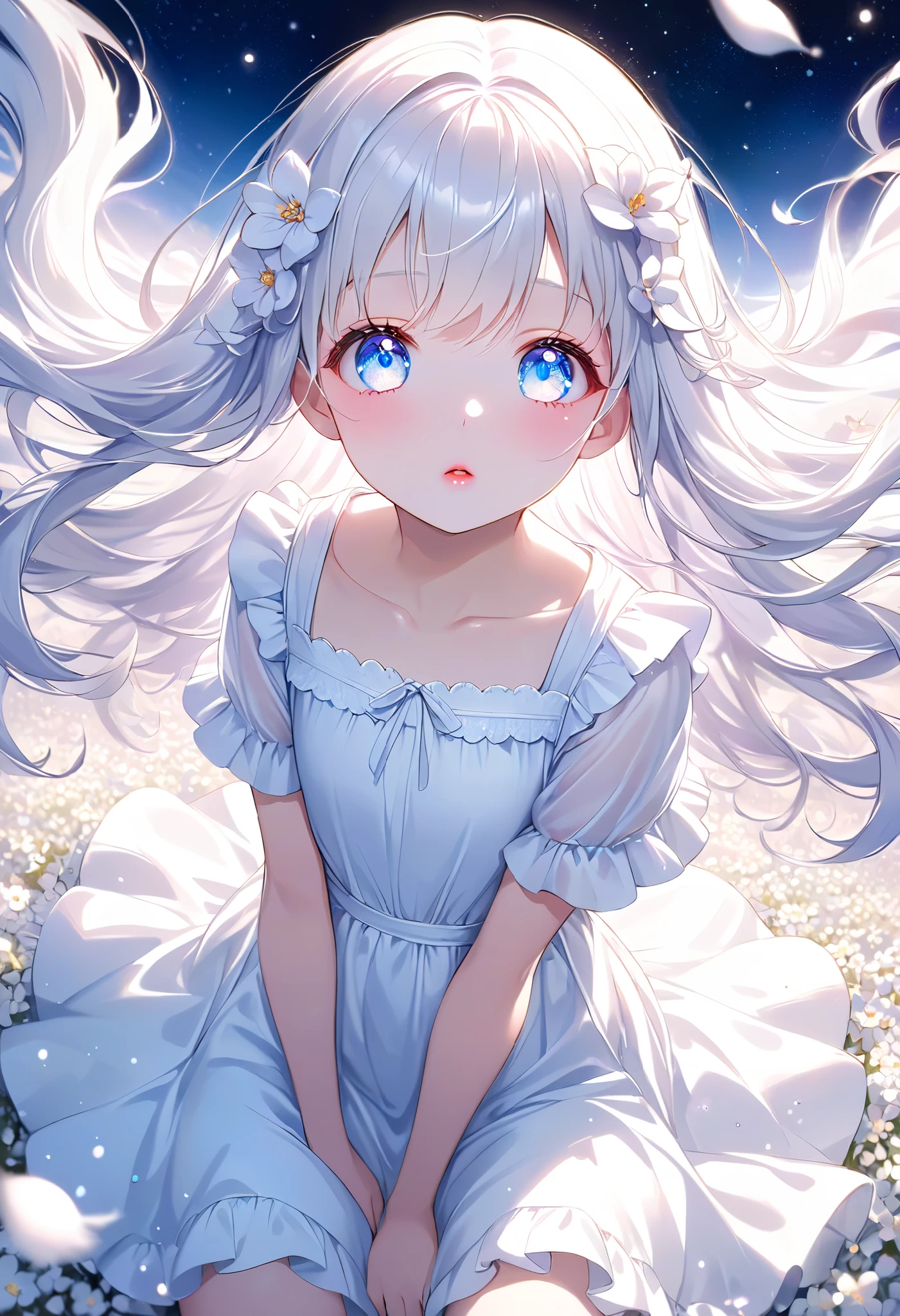 looking at another, li,white night, dynamic angle ,Five Fingers,white flower field,Looks like a lot of fun, with lots of movement, curvy ,dynamic pose, sitting , View from above, Very realistic scenery, very detailed ,very delicate hair, long hair ,Overall white retouching, white haired girl, white skin, White eyelashes, white eyebrows, pink lips, slightly red cheeks, white one piece, Sparkling background, jufluttering hair ,beautiful light blue eyes, space-like eyes, mystical, fantastical, ｛looking away｝, beautiful, Light particles, light reflections, fine dust sparkles, fantastic shining scenery, very high quality, real retouching,Very cute, young, very delicate touch, beautiful