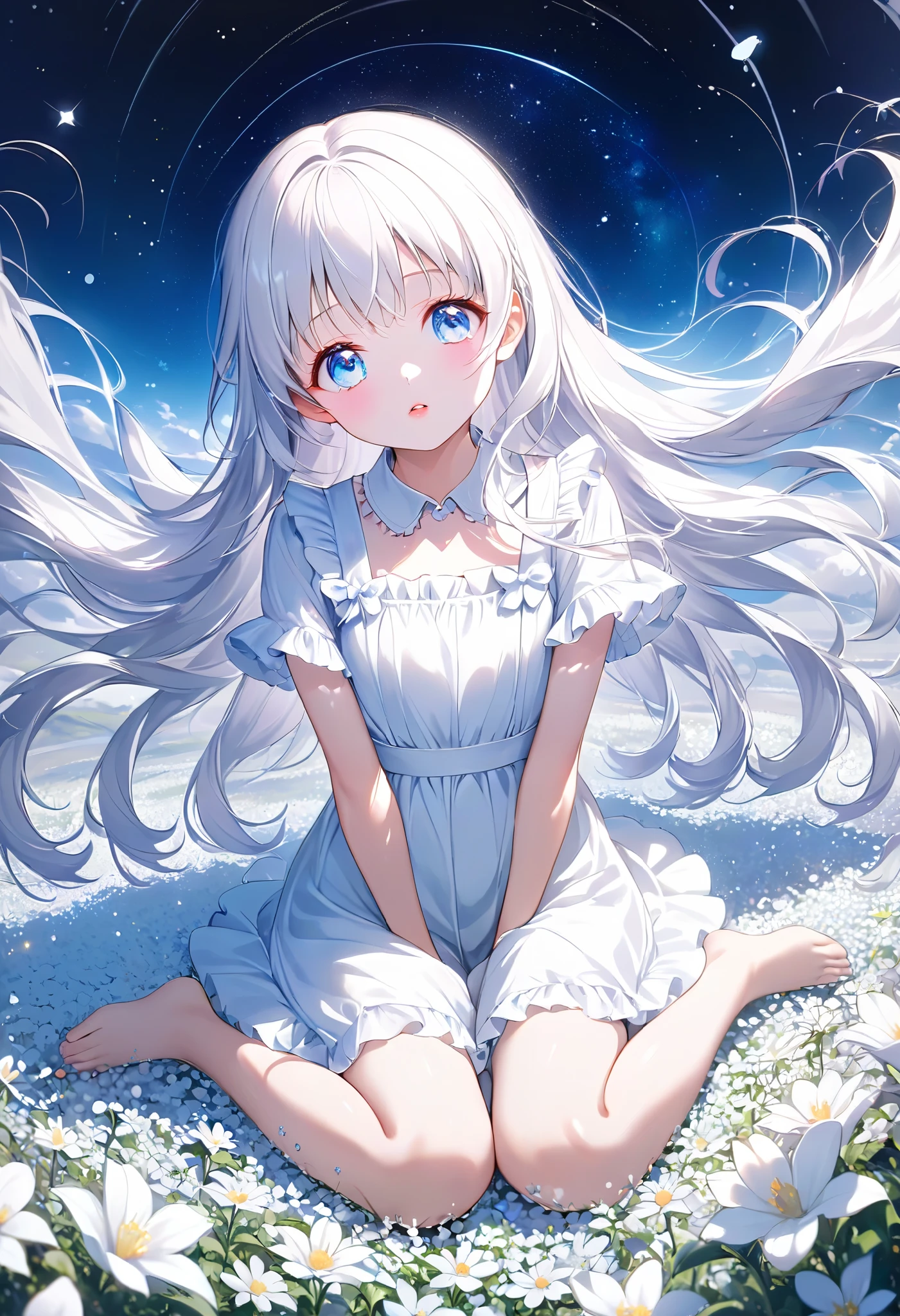 looking at another, loli,white night, dynamic angle ,Five Fingers,white flower field,Looks like a lot of fun, with lots of movement, curvy ,dynamic pose, sitting , View from above, Very realistic scenery, very detailed ,very delicate hair, long hair ,Overall white retouching, white haired girl, white skin, White eyelashes, white eyebrows, pink lips, slightly red cheeks, white one piece, Sparkling background, junior high school student, fluttering hair ,beautiful light blue eyes, space-like eyes, mystical, fantastical, {looking away}, beautiful, Light particles, light reflections, fine dust sparkles, fantastic shining scenery, very high quality, real retouching,Very cute, young, very delicate touch, beautiful