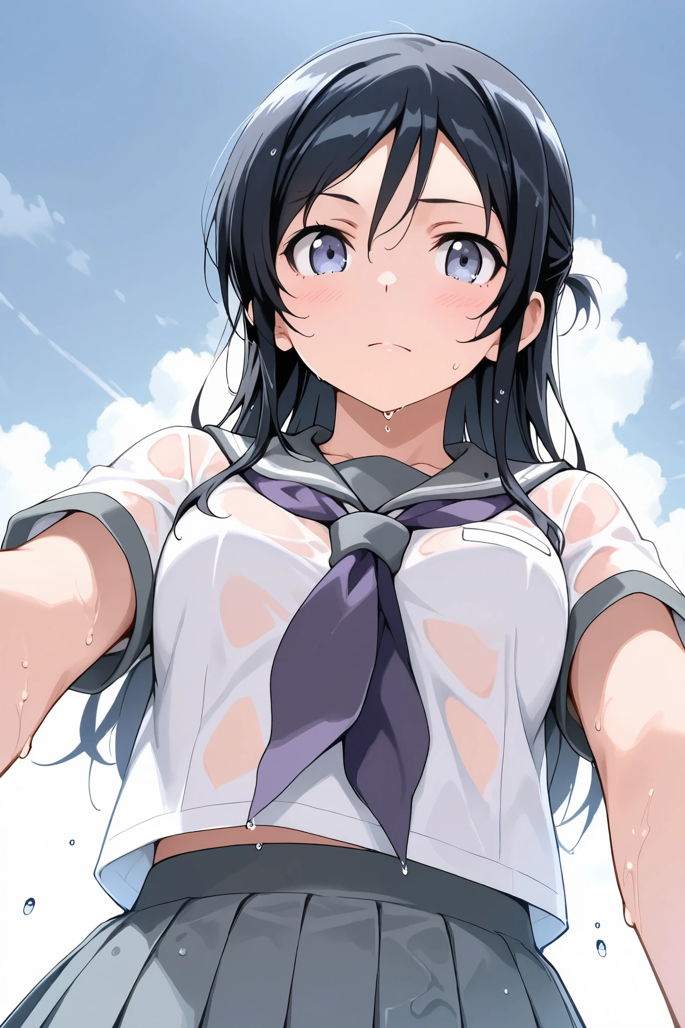 ayase_aragaki,1 female,solo,
extreme close-up under the chest,low angle
I_,wet black hair,long hair,half updo,hair between eyes,blue eyes,looking at viewer,
skirt,school uniform,sailor suits,shirt, white shirt,grey sailor collar,grey skirt, pleated skirt,neckerchief,pink neckerchief,
