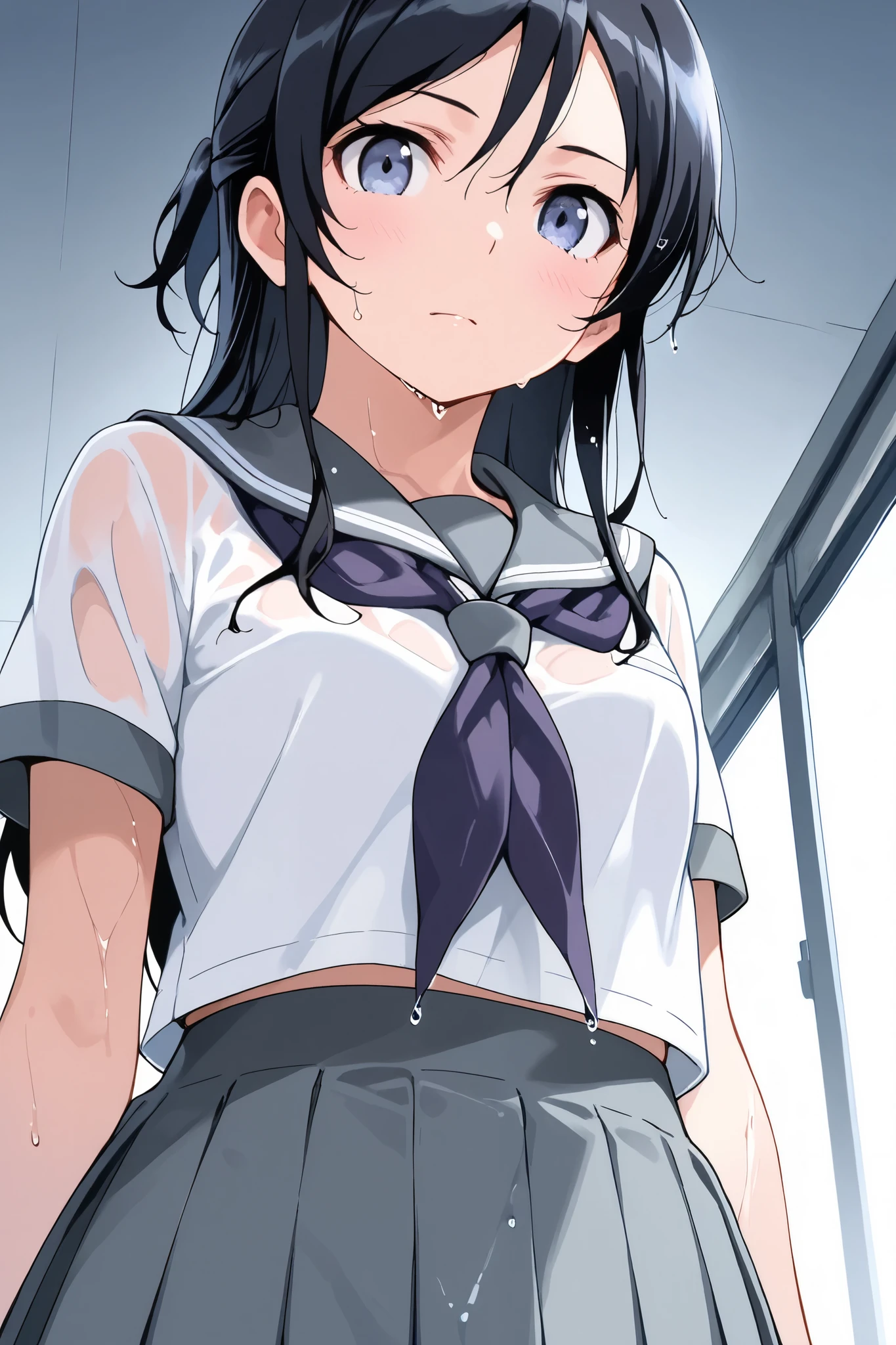 ayase_aragaki,1 female,solo,
extreme close-up under the chest,low angle
I_,wet black hair,long hair,half updo,hair between eyes,blue eyes,looking at viewer,
skirt,school uniform,sailor suits,shirt, white shirt,grey sailor collar,grey skirt, pleated skirt,neckerchief,pink neckerchief,