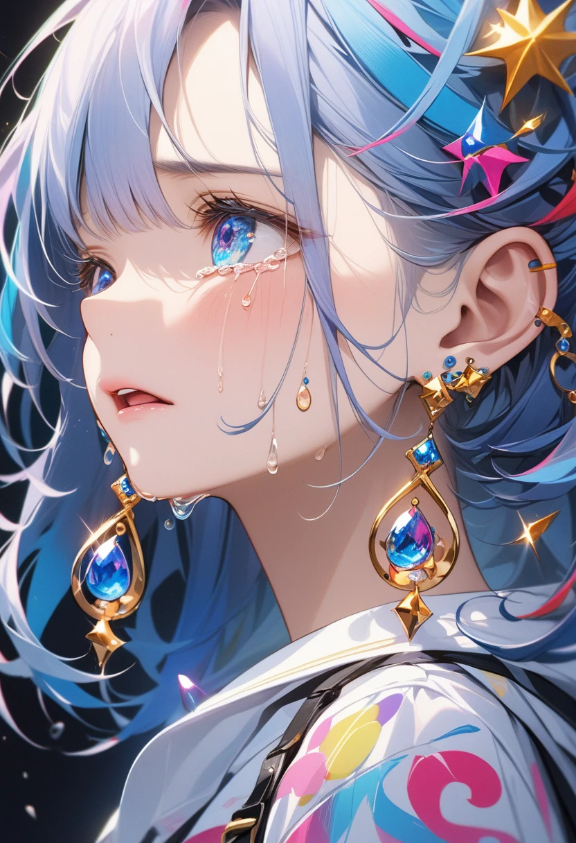 masterpiece, best quality, <lora:OH4XL_V1:1>1girl, solo, jewelry, earrings, portrait, parted lips, crescent, heterochromia, hair between eyes, looking at viewer, bangs, long hair, star \(symbol\), yellow eyes, eyelashes, crescent earrings, collarbone, blue hair, close-up, gem, glint