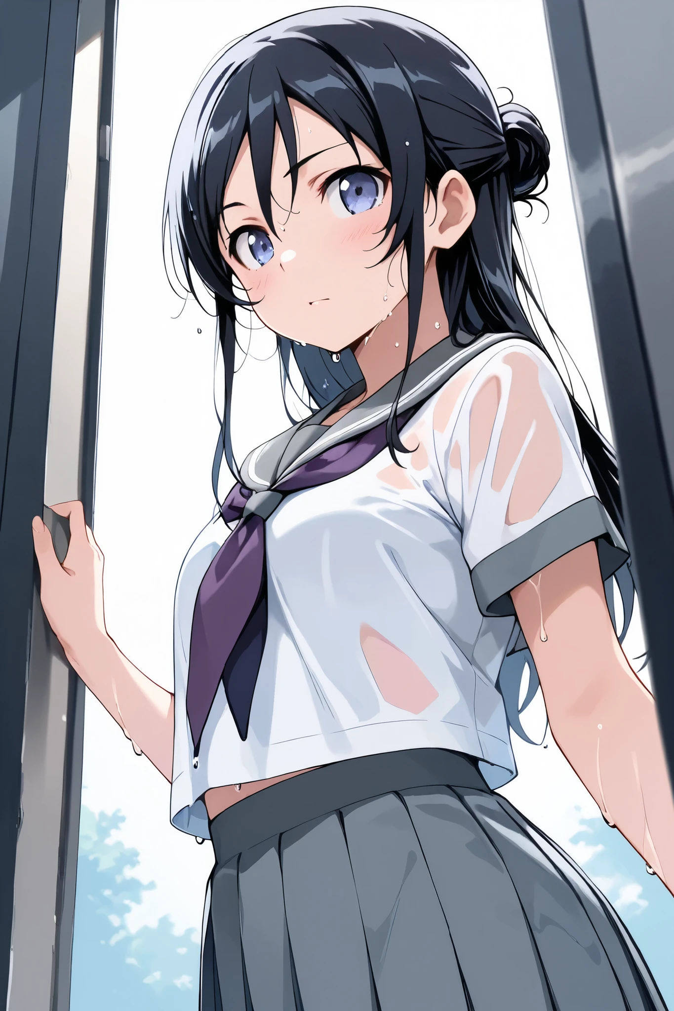ayase_aragaki,1 female,solo,
extreme close-up under the chest,low angle
I_,wet black hair,long hair,half updo,hair between eyes,blue eyes,looking at viewer,
skirt,school uniform,sailor suits,shirt, white shirt,grey sailor collar,grey skirt, pleated skirt,neckerchief,pink neckerchief,