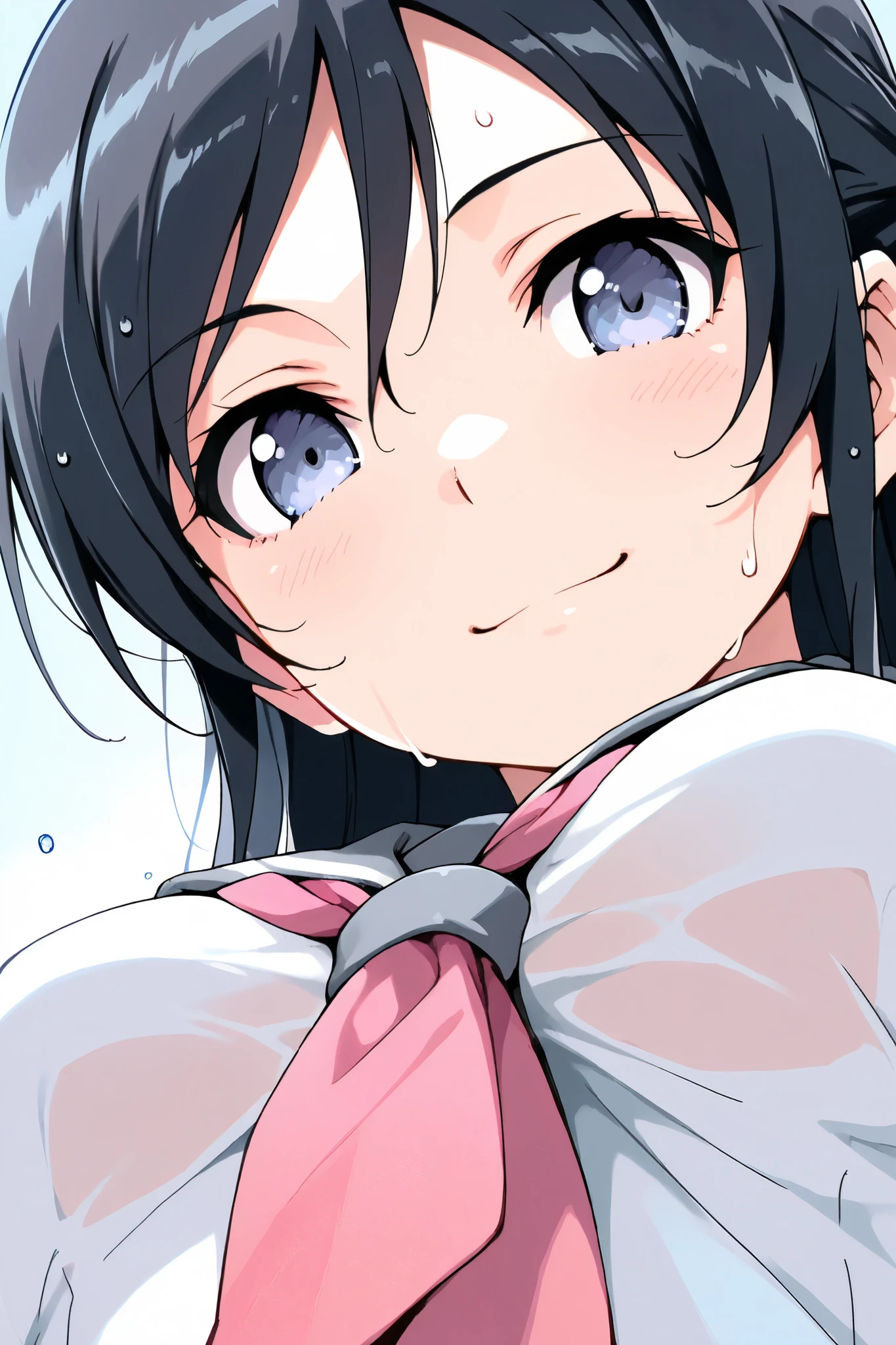 ayase_aragaki,1 female,solo,
extreme close-up under the chest,low angle,smile,

I_,wet black hair,long hair,half updo,hair between eyes,blue eyes,looking at viewer,

school uniform,sailor suits,shirt,white shirt,grey sailor collar,neckerchief,pink neckerchief,
