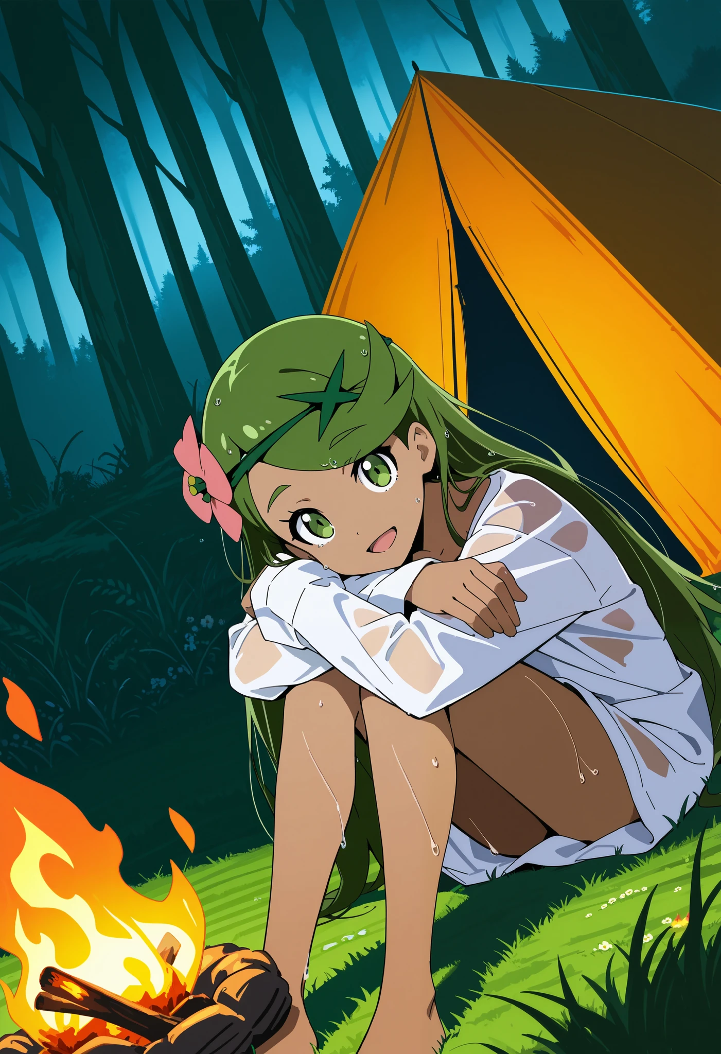 score_9, score_8_up, score_7_up, source_anime, mallow, 1girl, solo, long hair, hair down, bangs, hair ornament, twintails, green eye, flower, green hair, hair flower, dark skin, dark-skinned female, swept bangs, mallow (pokemon), smile, open  mouth, looking at viewer, white shirt, oversized shirt, naked  shirt, long sleeves(sleeves over hands), wet hair, wet skin,  wet clothes, outdoor, forest, tent, on the floor, grass, sitting, knees up, knees bent, arms on knees,  head  on own arms,  warm lighting, campfire. Dutch angle. 
