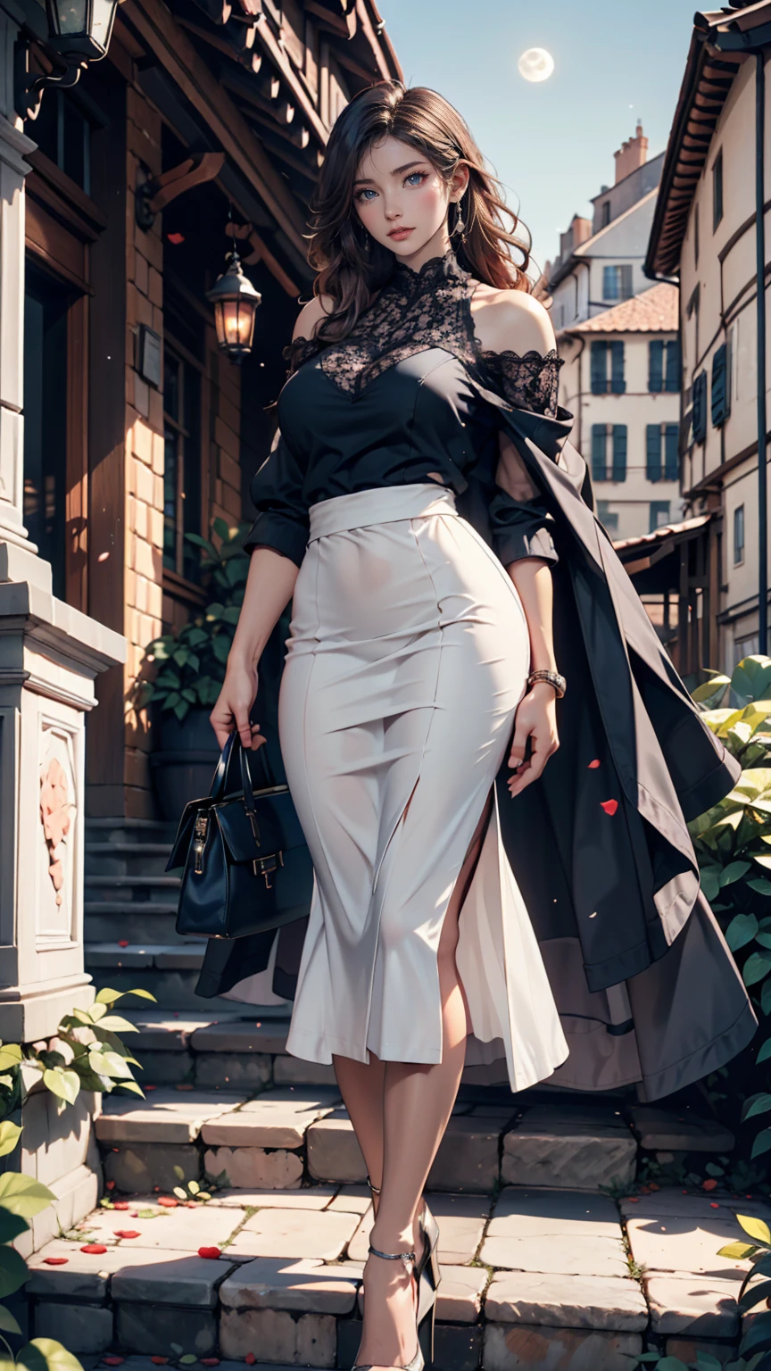 In a contemporary museum、Elegant woman standing in front of an abstract painting、I am carefully appreciating the artwork.。Her posture is refined、It blends in with the modern design of the surrounding area、bracelet、choker、Upstyle your hair、Stiletto heels、Have a clutch bag