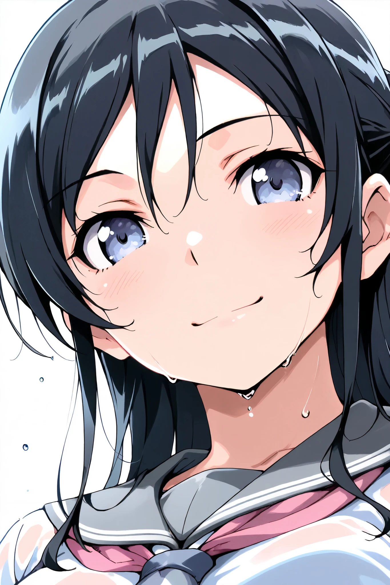 ayase_aragaki,1 female,solo,
extreme close-up under the chest,low angle,smile,
I_,wet black hair,long hair,half updo,hair between eyes,blue eyes,looking at viewer,
school uniform,sailor suits,shirt,white shirt,grey sailor collar,neckerchief,pink neckerchief,