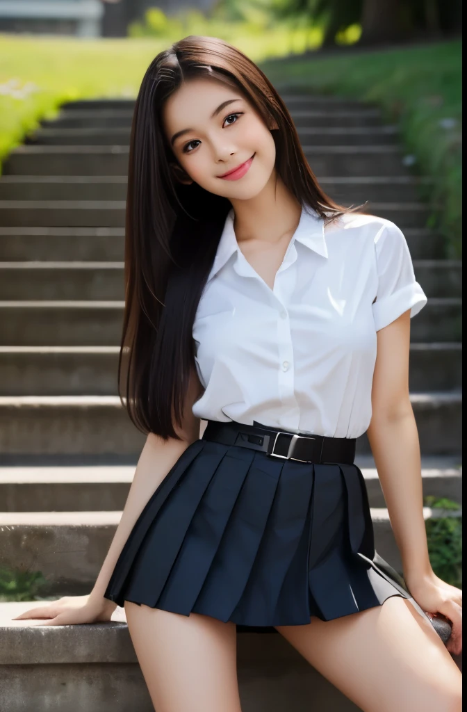 ((masterpiece)),(detailed),(perfect face),(thin),((sexy long legs)),((beautiful legs)),(slim),((boob flash)),((tits slip)),(horny smile),((very sexy emotional face)),((very long hair)),(looking at viewer),(random hairstyles),(blonde hair),((trained body)),((she has autumn drama makeup)),((seductive smiling)),(top-quality),(Photo realsitic:1.4),Raw photo,((1 girl)),(((Random hair)),(((Take different poses))),glowy skin,(Happiness:1.2),(she wearing Thai university uniform),((portrait)),(close up shot), ((school uniform black skirt:1.2)), ((she wear white shirt short sleeve and black pleated skirt)),(brown belt)