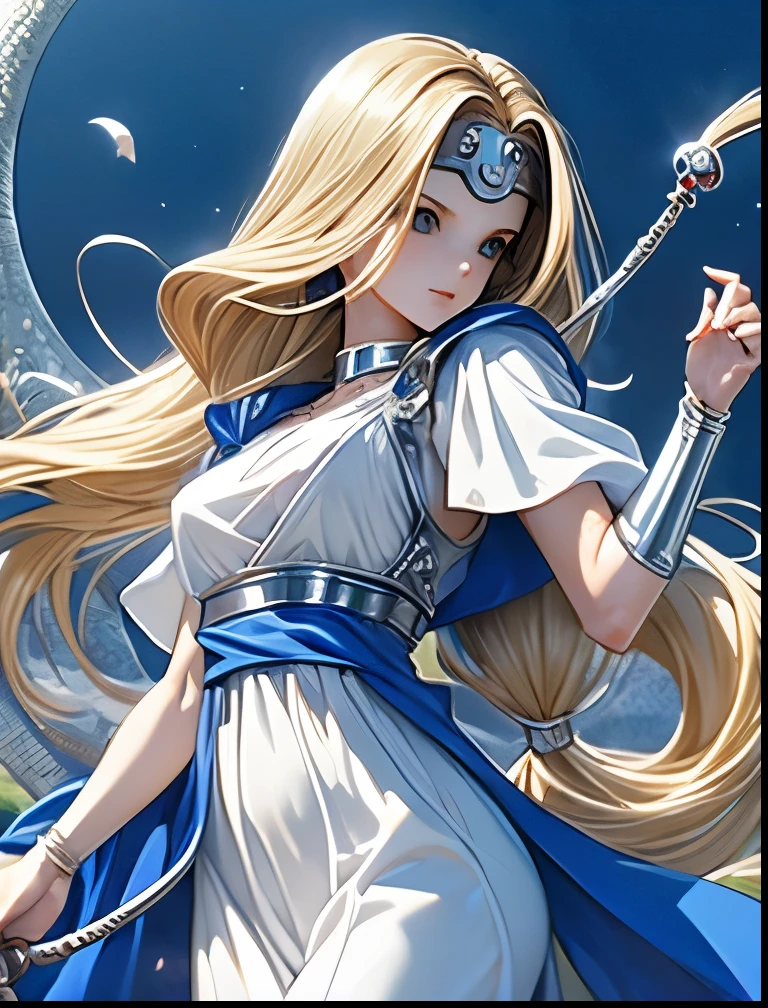 (((SFW、Accuracy、Highest quality、 A first-class masterpiece 、 Normal body 、8k、 detailed color 、 super precision 、 Normal Hands 、5 fingers、Highest)))、" DRAGON QUEST VI "、Mireille、Mireyu、 Blonde、 STRAIGHT LONG HAIR、Big Breasts、 slender、White and blue robes、 CIRCLET 、3-way whip