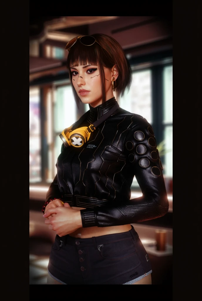 there is a woman in a black jacket and black pants posing, dressed in short leather jacket, she wears leather jacket, dressed in leather jacket, wearing leather jacket, wearing a leather jacket, in an old 1950s leather jacket, dressed in biker leather, wearing a full leather outfit, Satisfied pose, tight suit, wearing leather, leather, leather jacket