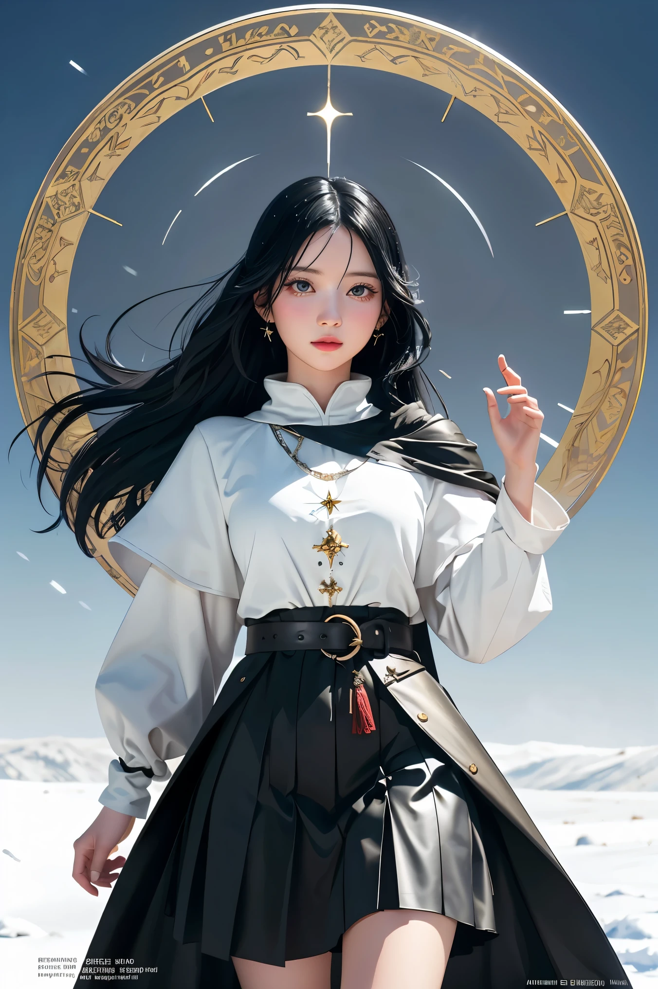 Young woman, Black hair, Wearing black medieval European clothing, Walking in the falling snow, A white spear is in her left hand., There is a large white magic circle., Manga drawing style, realistic 2.5D